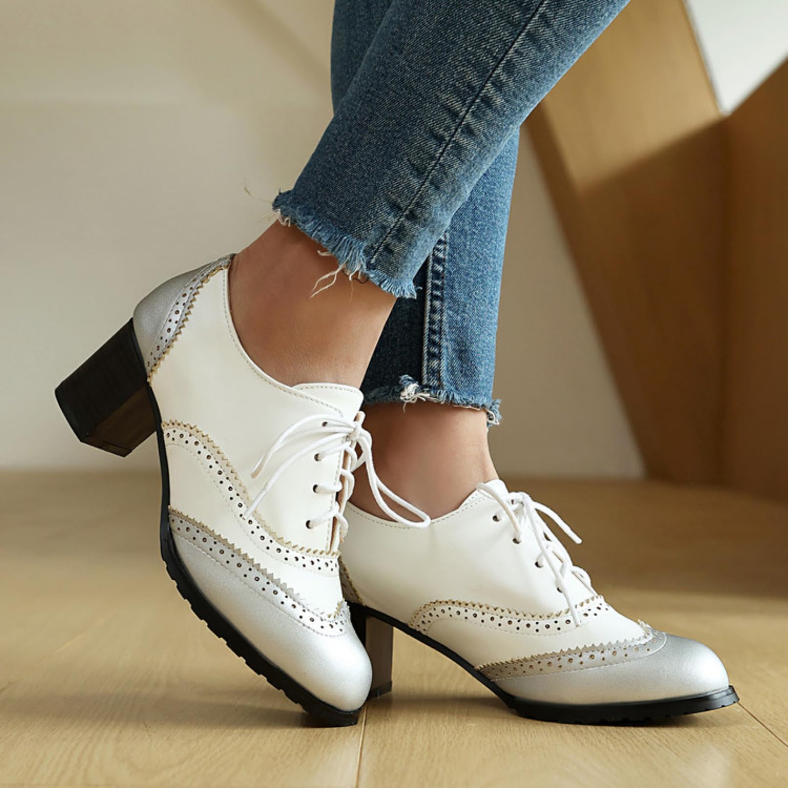 Donna Chiusa Punta Tonda Scarpe Oxford Allacciare Vintage Brogue Décolleté Tacco Grosso Formali Scarpe da Vestito