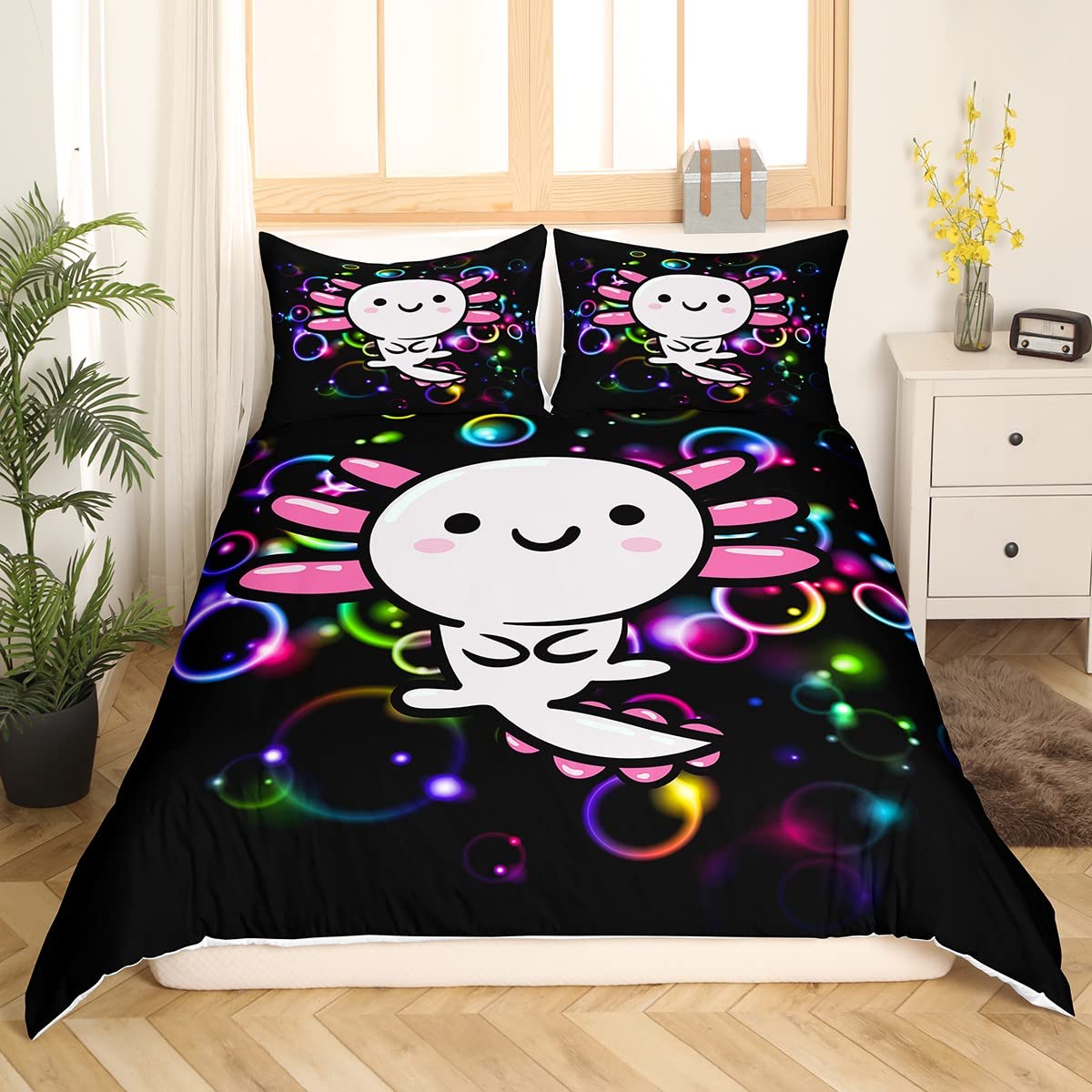 Loussiesd Cartoon Axolotl Bedding Set Kawaii Salamander Glitter Aperture Comforter Cover for Kids Boys Girls 3D Animals Duvet Cover Breathable Salamander Colorful Bedspread Cover King Size - Image 4
