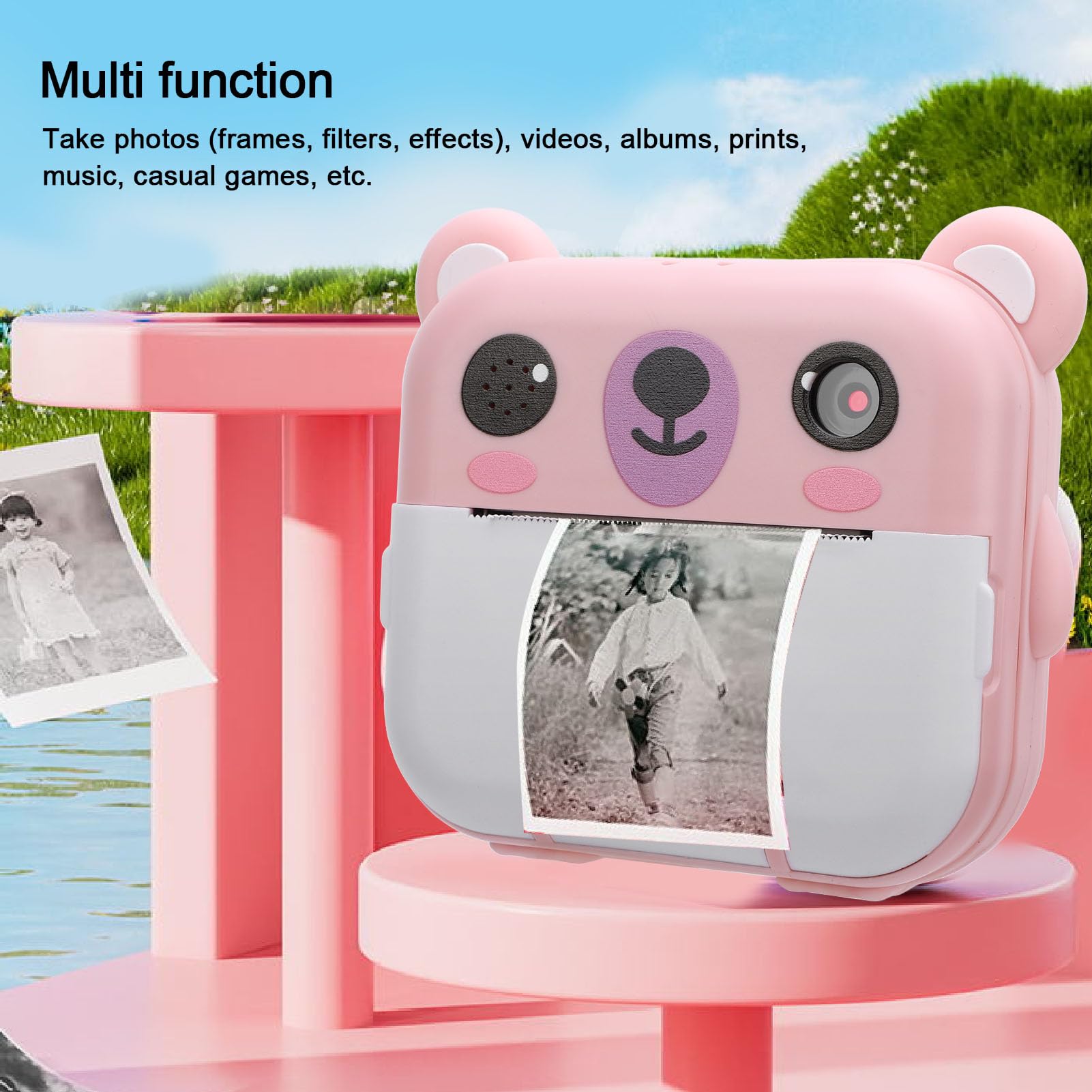 Instant Print Camera Kids, HD 1080P 2 Inch Screen, Grayscale Printing & Music for Birthday, Xmas Present (Roseate)