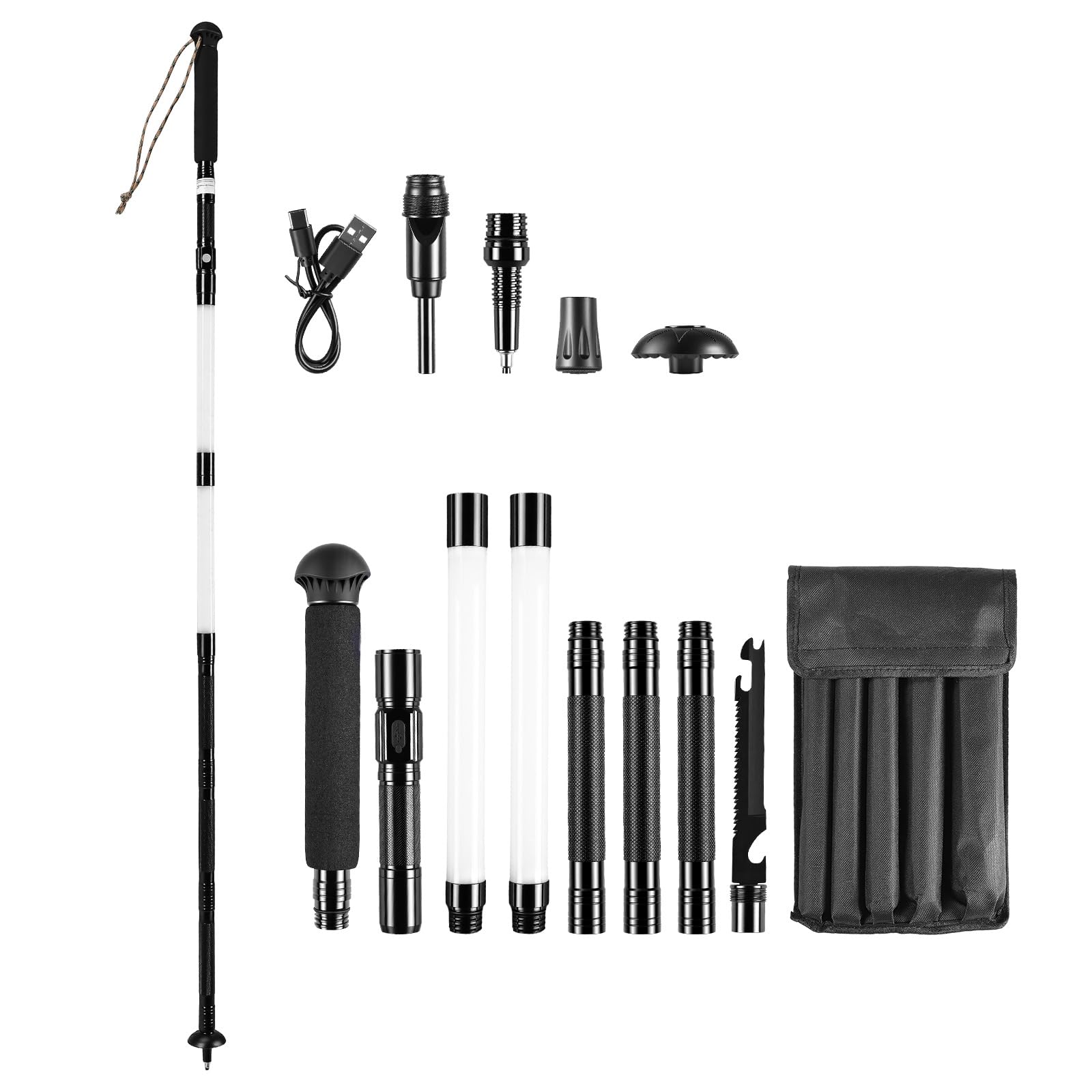 Bâtons de randonnée 12-en-1, Bâtons de Survie multifonctionnels avec poignée en Aluminium Ajustable, Idéal pour la randonnée, Le Camping et l'alpinisme. Cadeau Parfait pour Homme
