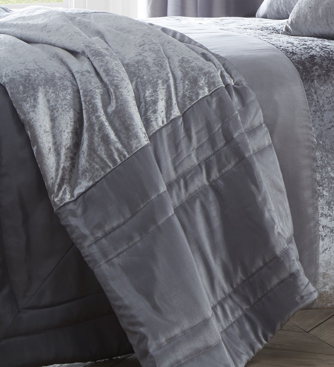 Boulevard Velvet Strip Decorative Throwover Lightly Quilted, Polyester, Grey, King