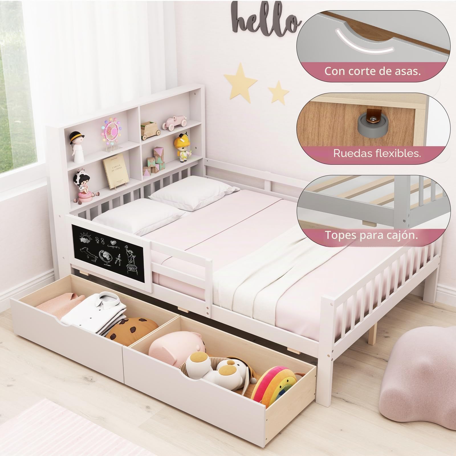 GIANTEX Cama Infantil 140 x 200 cm, Marco de Cama para Niños, 2 Cajones con Ruedas, Barandillas con Pizarra, 4 Estanterías de Cabecera, Somier de Madera con Espacio de Almacenamiento (Blanco)