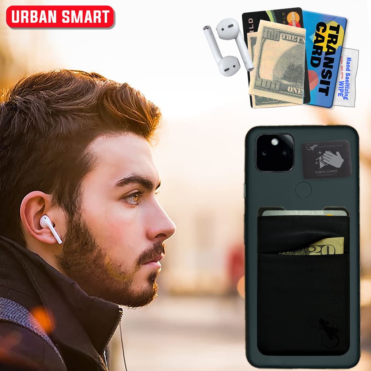 Double Pocket Gecko Phone Wallet Adhesive Card - Main Image