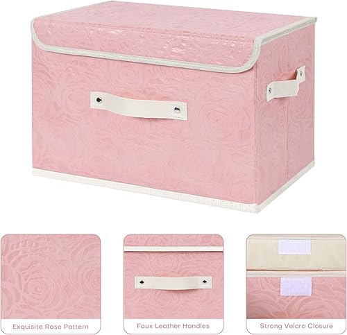 Miniatura 3 de ANMINY Contenedor de almacenamiento de tela con tapa, caja de almacenamiento con estampado de rosas con asas de piel sintética, lavable, tablero de