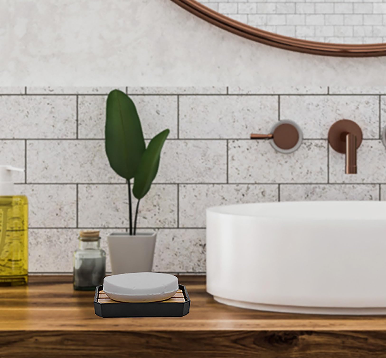 Juego de accesorios de baño de 5 piezas, plástico con detalles cromados y efecto bambú, dispensador de jabón, soporte para cepillo de dientes, vasos y jabonera