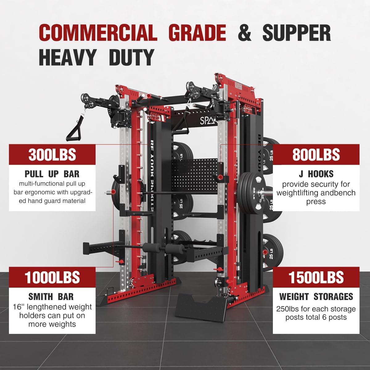 Commercial Smithe Machine with Weight Stack, All-in-One Power Cage Squat Rack Home Gym System with Leg Press Attachment & Cable Crossover, Multi-Functional Trainer with Dual Pulley System for Home Gym