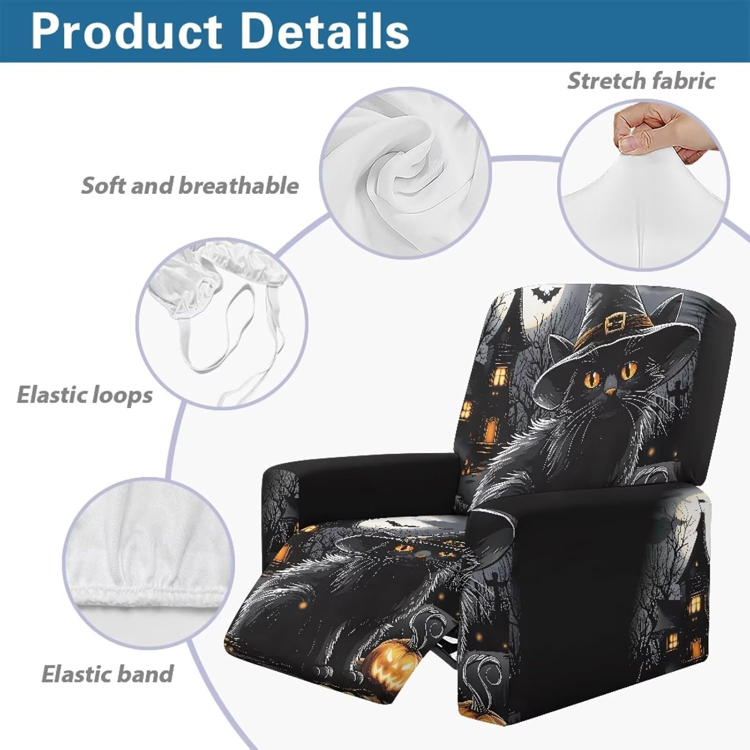 Halloween Lazy Boy Recliner Chair Cover 4 Piece Black Cat Couch Slipcover Non Slip Chair Protector Washable Stretch Covers for Sofa for Living Room