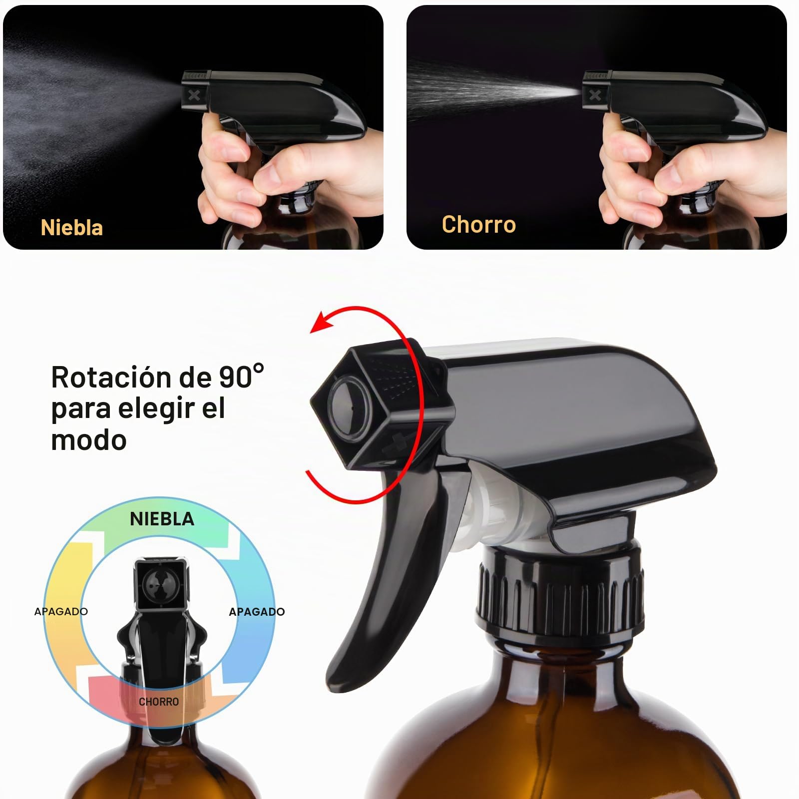 Botellas de vidrio vacías de 500 ml para limpieza, botella de agua de niebla para cabello, jardinería y aceites esenciales, pulverizador de gatillo ajustable con ajustes de flujo de