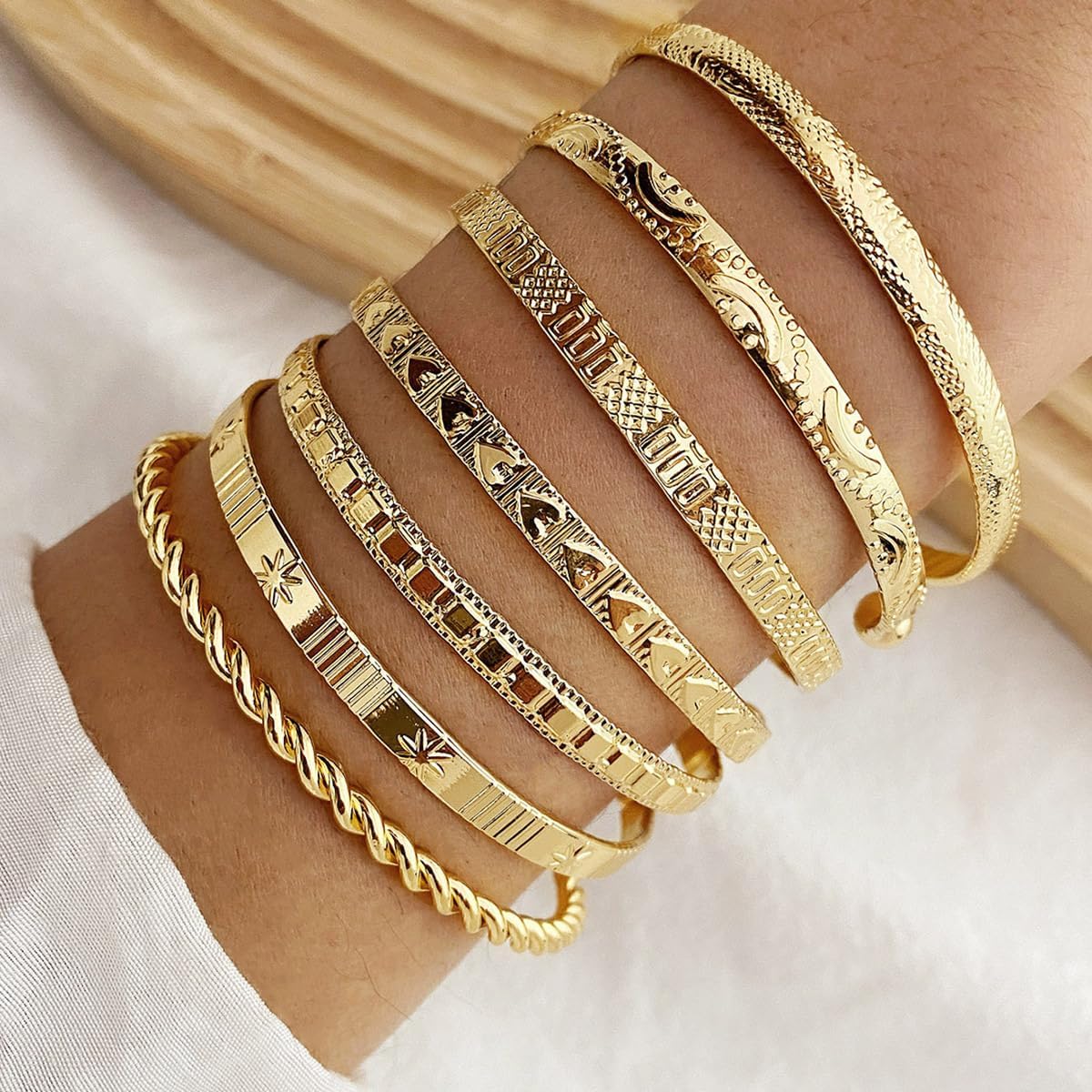7Pcs Gold Bangle Bracelets for Women Vintage Gold Cuff Bangles Bracelets 14k Gold Plated Multi Layer Stackable Cuff Bracelet Set Trendy Elegance Charms Non Tarnish Minimalist Textured Boho Jewelry for Women - Image 6