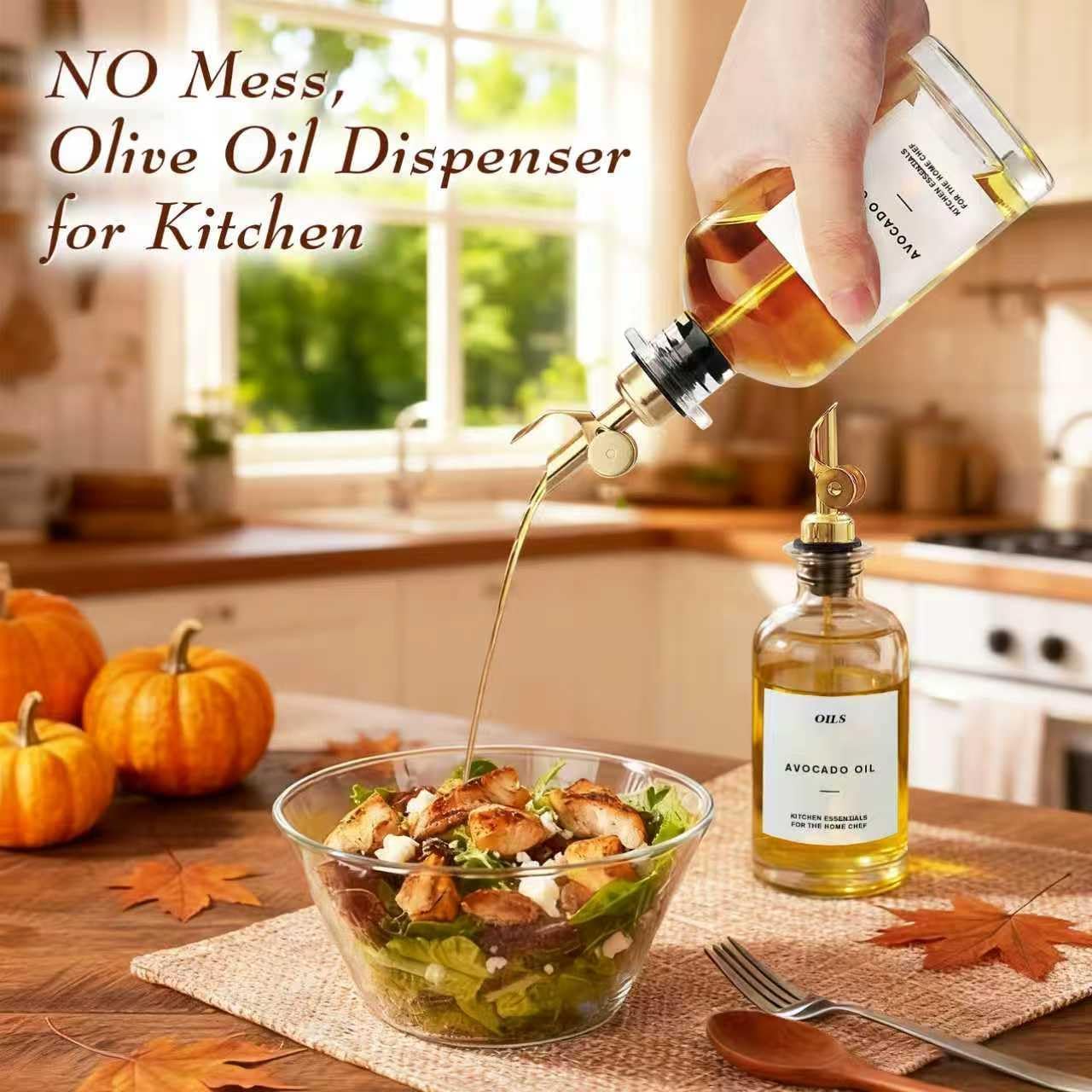 2PCS Olive Oil Dispenser for Kitchen, 350ml(12oz) Kitchen Glass Olive Oil Dispenser Bottle Set, Oil and Vinegar Dispenser Set with Gold-Toned Spouts and Labels(Gold)
