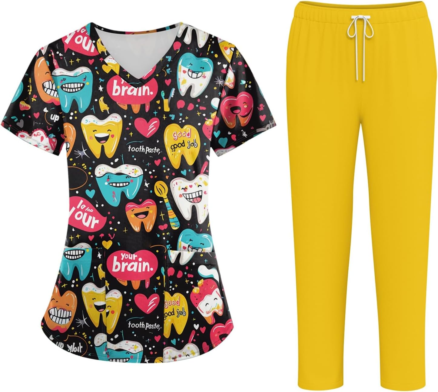 UOFOCO Medical Scrubs Set for Women Cute Print Scrub Top and Cargo Pants with Stretch Nursing Quick Dry Uniform Suits