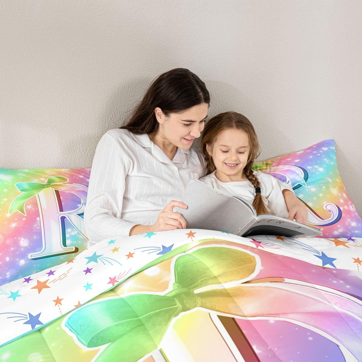 Feelyou Colorful Rainbow Comforter Set Personalized Gifts for Kids Girls Bedding Set with 2 Pillow Cases Cute Coquette Bow Knot Kids Full Bedclothes Initial R Bedroom Decor Monogrammed Duvet Quilt
