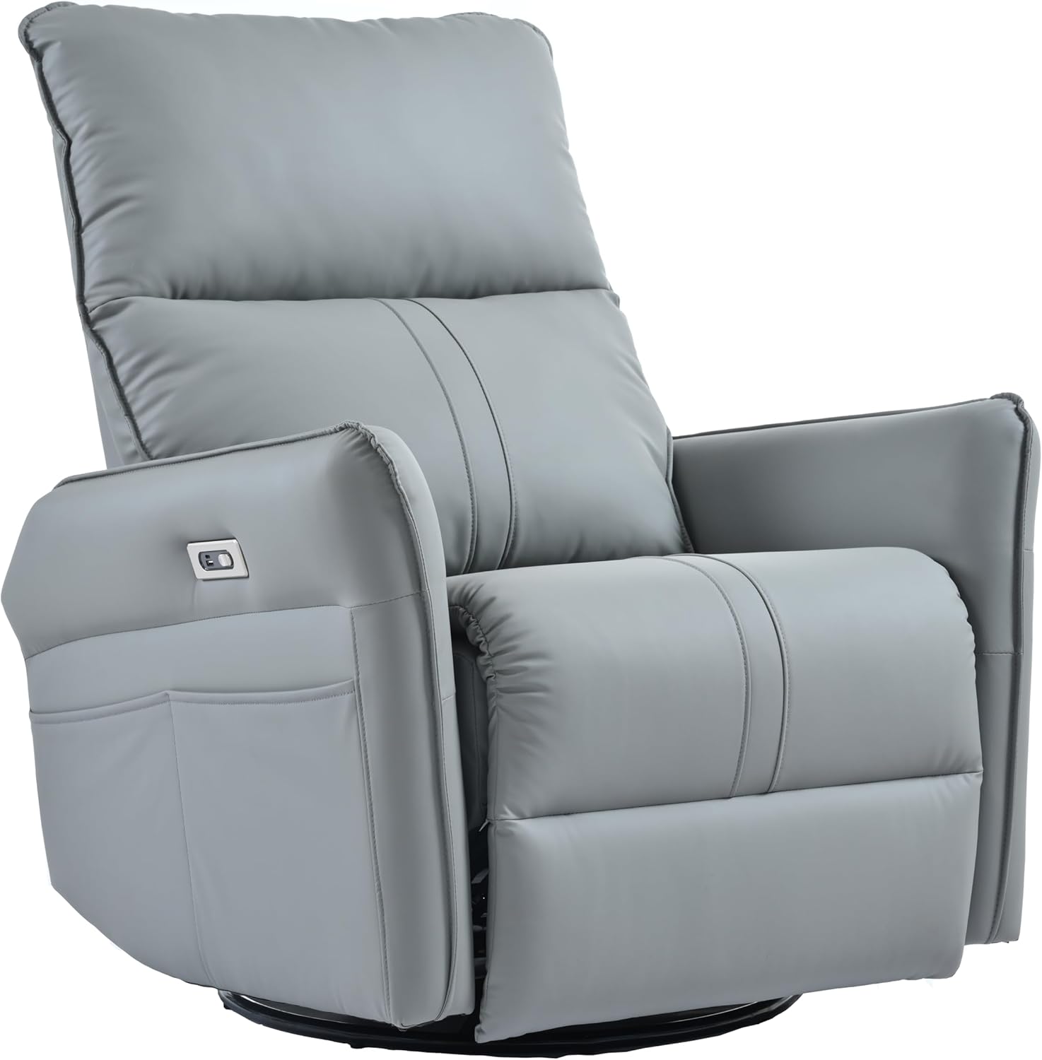 Swivel Rocker Recliner Chairs, Power Recliner Chair with Swivel & Rocking and Reclining Function, Leather Recliner Chair with USB Ports and Pocket, Rocking Chair Recliner for Living Room (Blue & Gray)