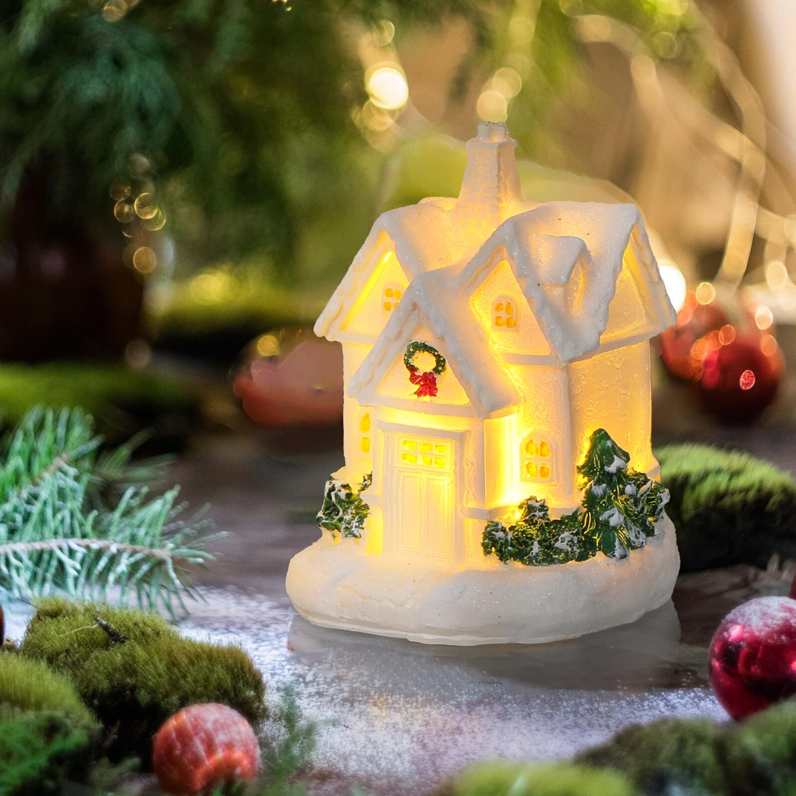 3 Piezas Conjunto Casas Navideñas de Resina con Luz LED Miniaturas para Decoración de Pueblo Navidad Adornos Luminosos para Hogar Oficina y Regalos Festivos