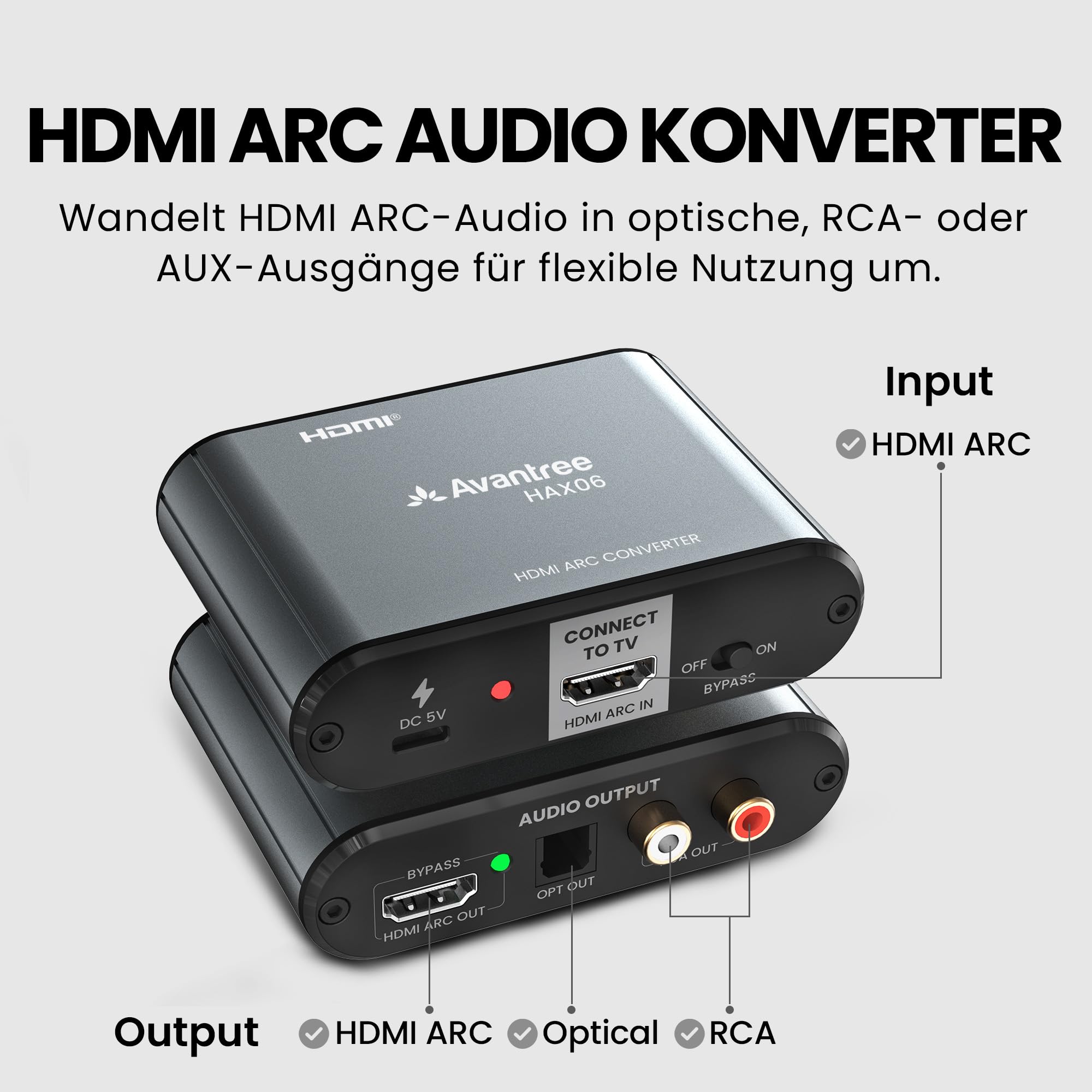 Avantree HAX06 – HDMI ARC Audio Extractor mit Bypass für TV, Soundbar & Kopfhörer gleichzeitig, Optische & RCA-Ausgänge