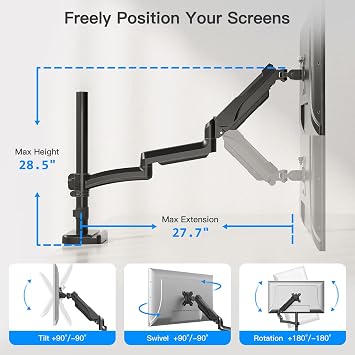 Long Arm Monitor Mount, 13 to 32 inch Computer Desk Mount, Extra Long Adjustable Stand, Hold up to 19.8lbs, Tall Arm with Tilt, Swivel, Rotation, VESA 75/100mm