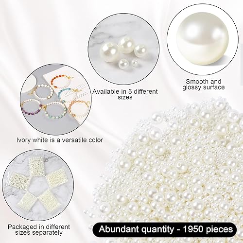 Miniatura 3 de Phinus 1950 cuentas de perlas con agujero, perlas de 5 tamaños para manualidades, cuentas redondas sueltas para fabricación de joyas, perlas para