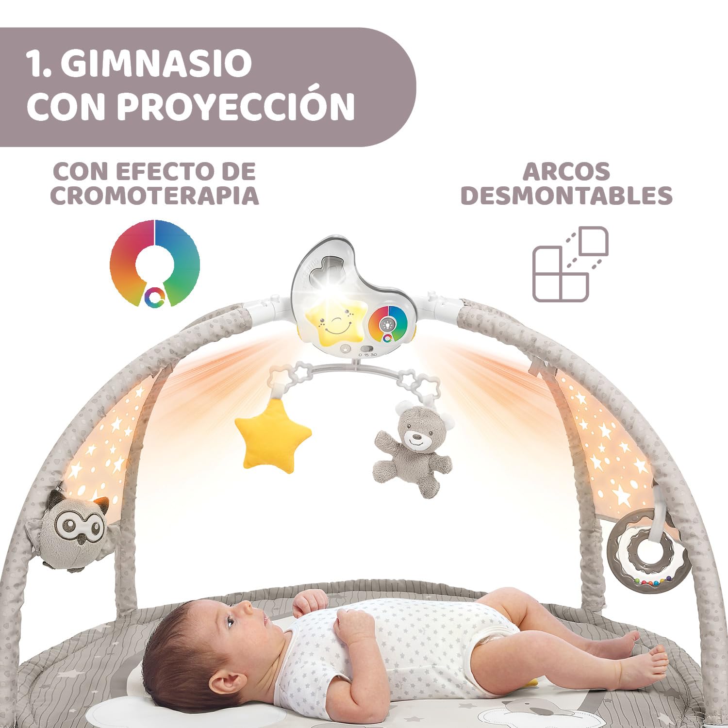 Chicco Enjoy Colours, Gimnasio para Bebés 3en1 Rosa, Juguete Multifunción Electrónico con Alfombra de Juegos, Estrella Proyector, Luz Nocturna Extraíble y Música Relajante – Juguetes Bebé 0+ Meses
