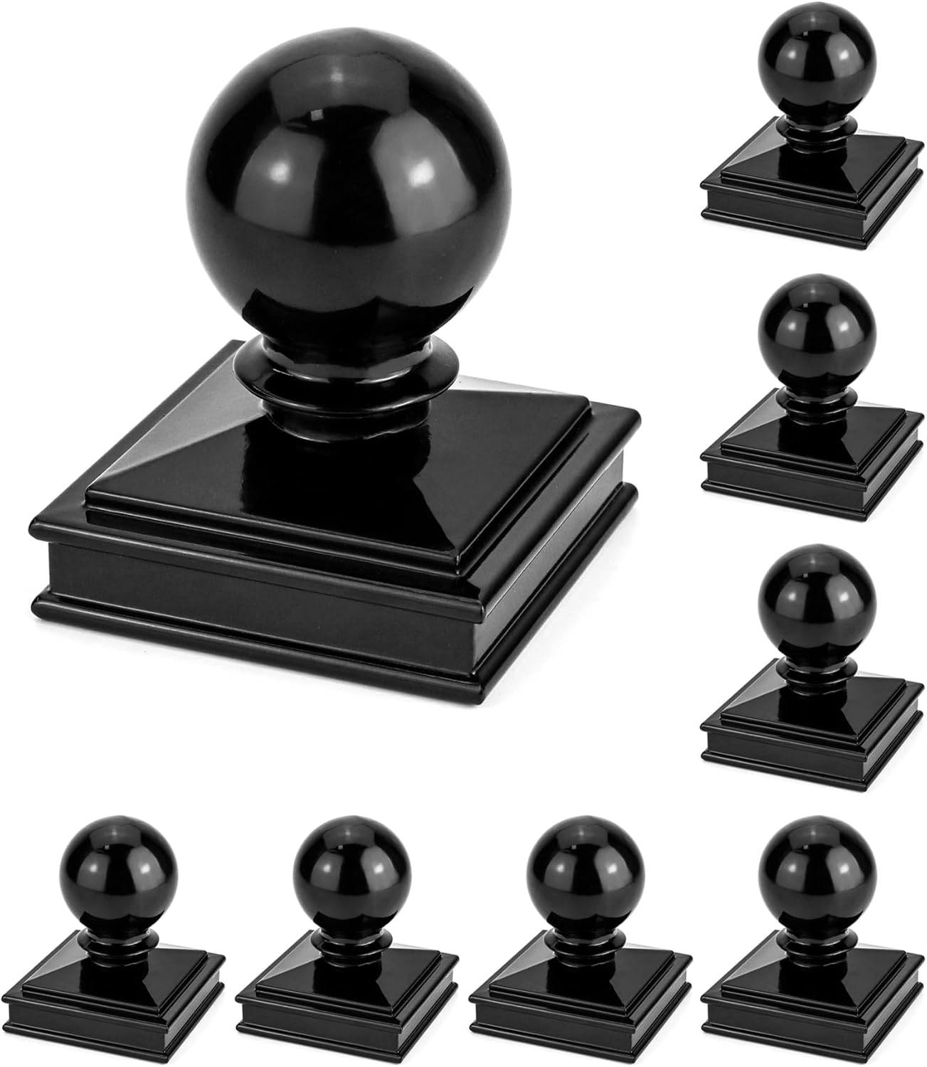 QWORK Fence Post Cap, 8 Pack 3" x 3" Decorative Piling Metal Caps with Top Ball, Black