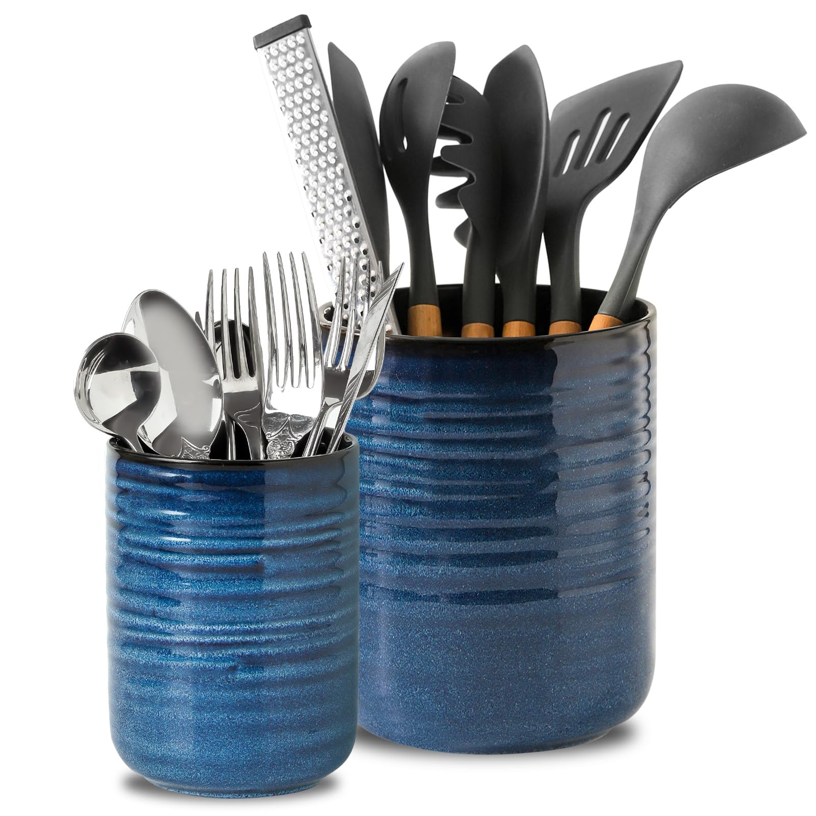 Hasense Utensilienhalter, 18,8 cm + 13,7 cm, Keramik-Kochutensilien-Topf für Küchentheke, 2 Stück, Utensilien-Organizer für Spatel und Löffel, Küchendekoration, Marineblau