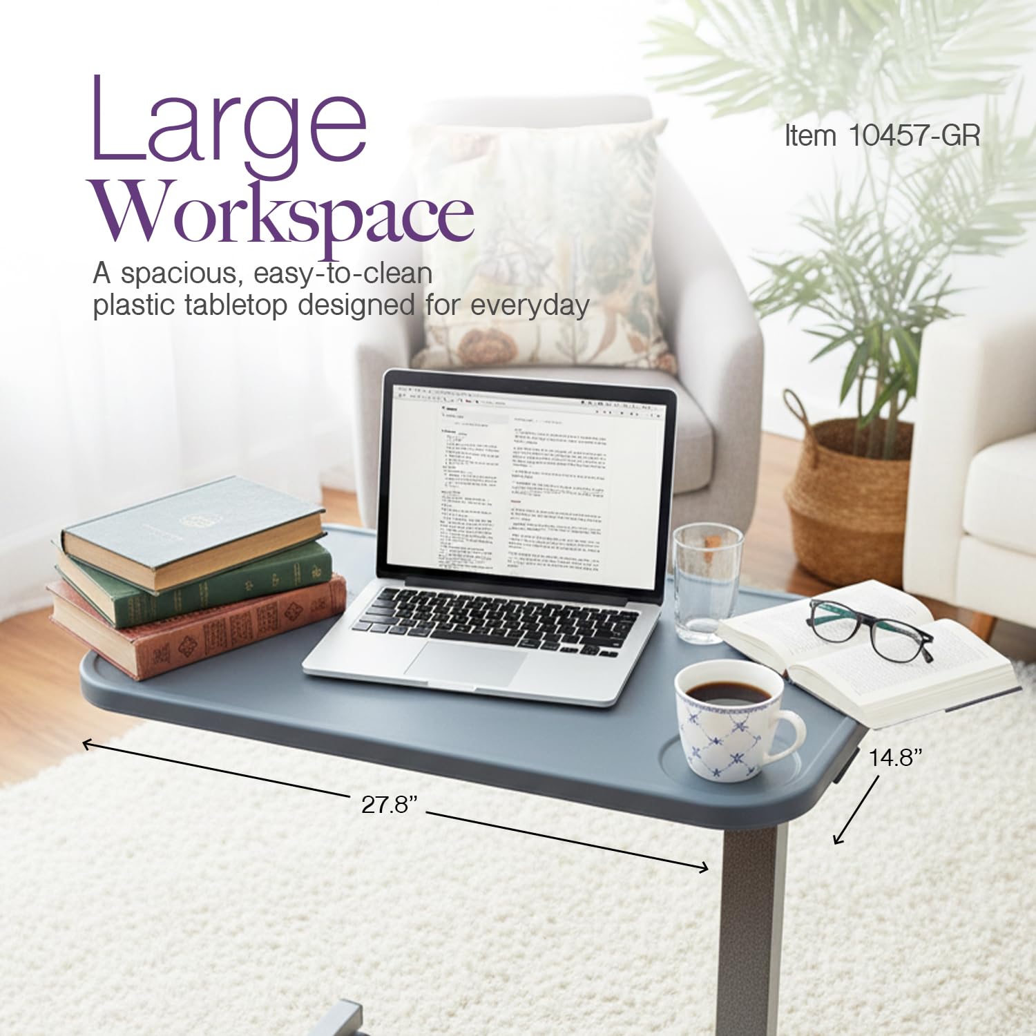 Dynarex Plastic Overbed Table - Locking Wheels - Adjustable Height - H-Style Frame - Integrated Cupholders - Raised Edges - 27.8" x 14.8" Top, Height 28.5" - 41.9" - Grey - 1 Count