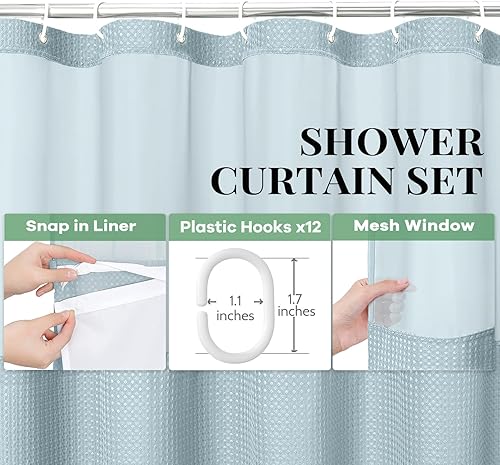 Vista 259 de Dynamene Cortina de ducha larga de tela negra – Cortinas de ducha de tela alta y resistente con textura de gofre, juego de cortina de baño de lujo