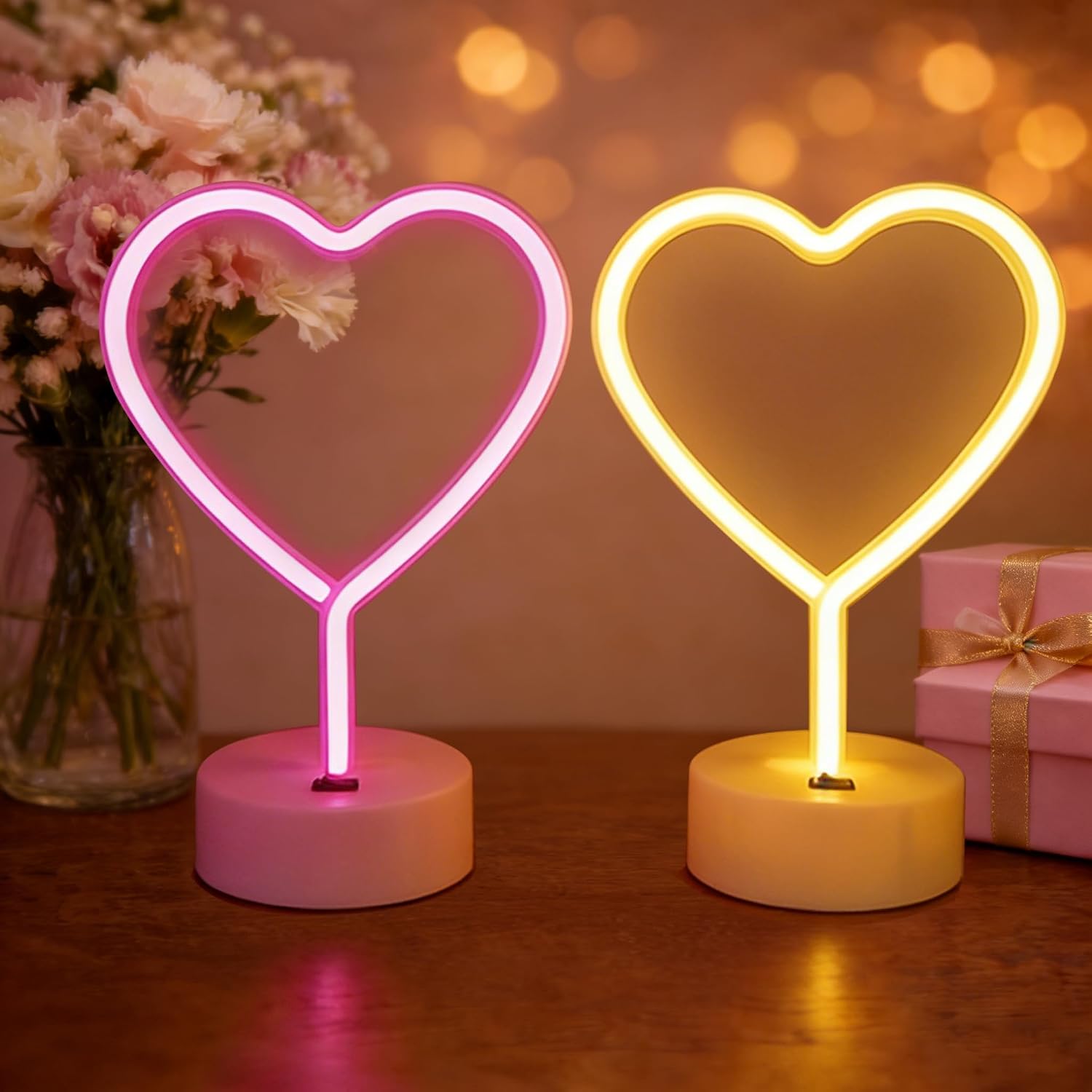 Mothers Day Gifts for Mom, 2 Pack Heart Neon Signs, LED Pink Lights Battery Operated or USB Powered, Neon Lights Heart Decor for Valentine's Day Gifts, Wedding, Party, Pink Room Decor
