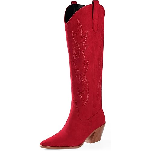 iiimmu Cowgirl Boots Women Knee High Boots Pointed Toe and Block Heel Cowboy Suede and Faux Leather Boots with Embroidered