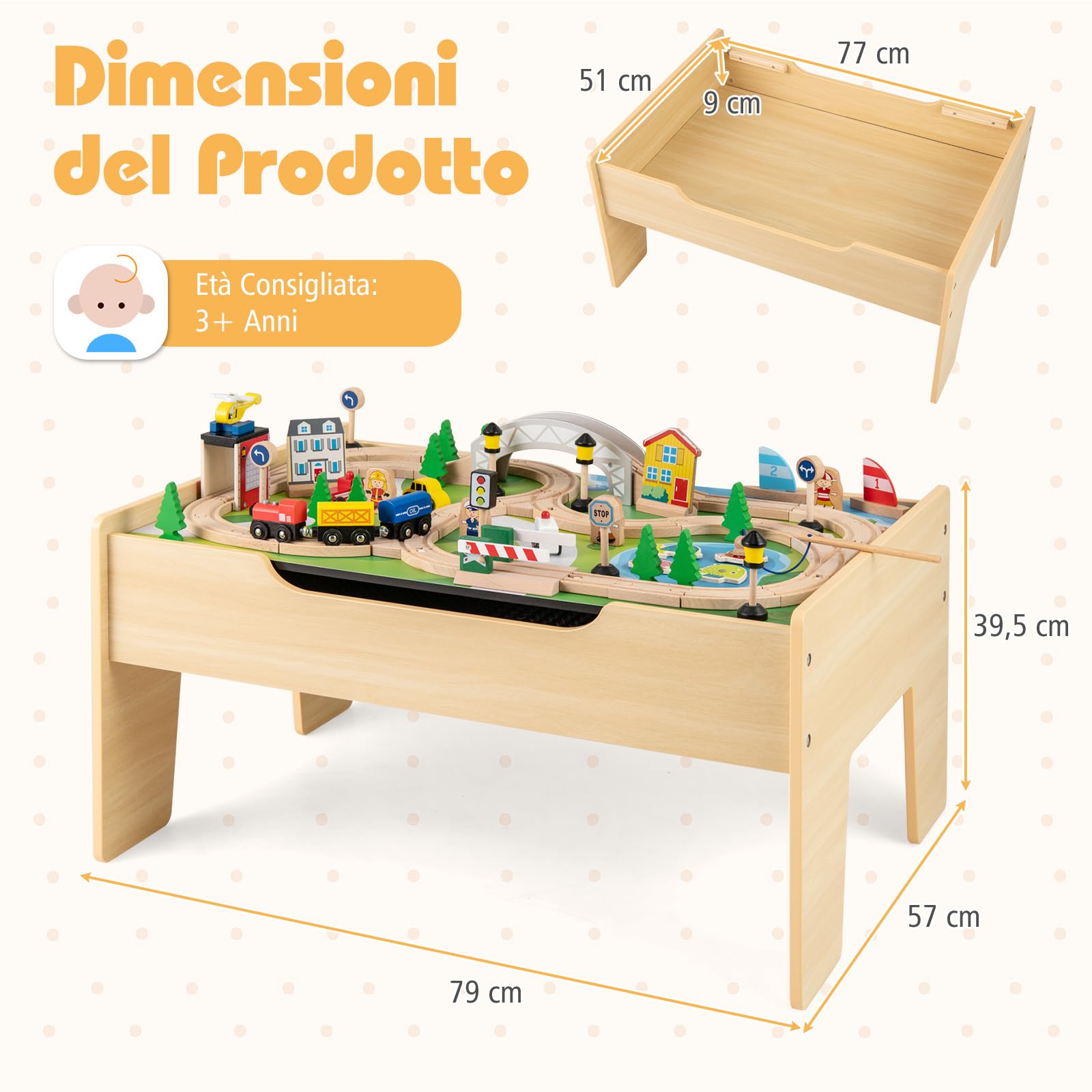COSTWAY Tavolo e Set di Trenini in Legno, Tavolo da Gioco per Bambini con 78 Pezzi, Tavola Attività con Piano e Base Ribaltabile, Canna da Pesca Magnetica, Regalo per Bambini 3 Anni+