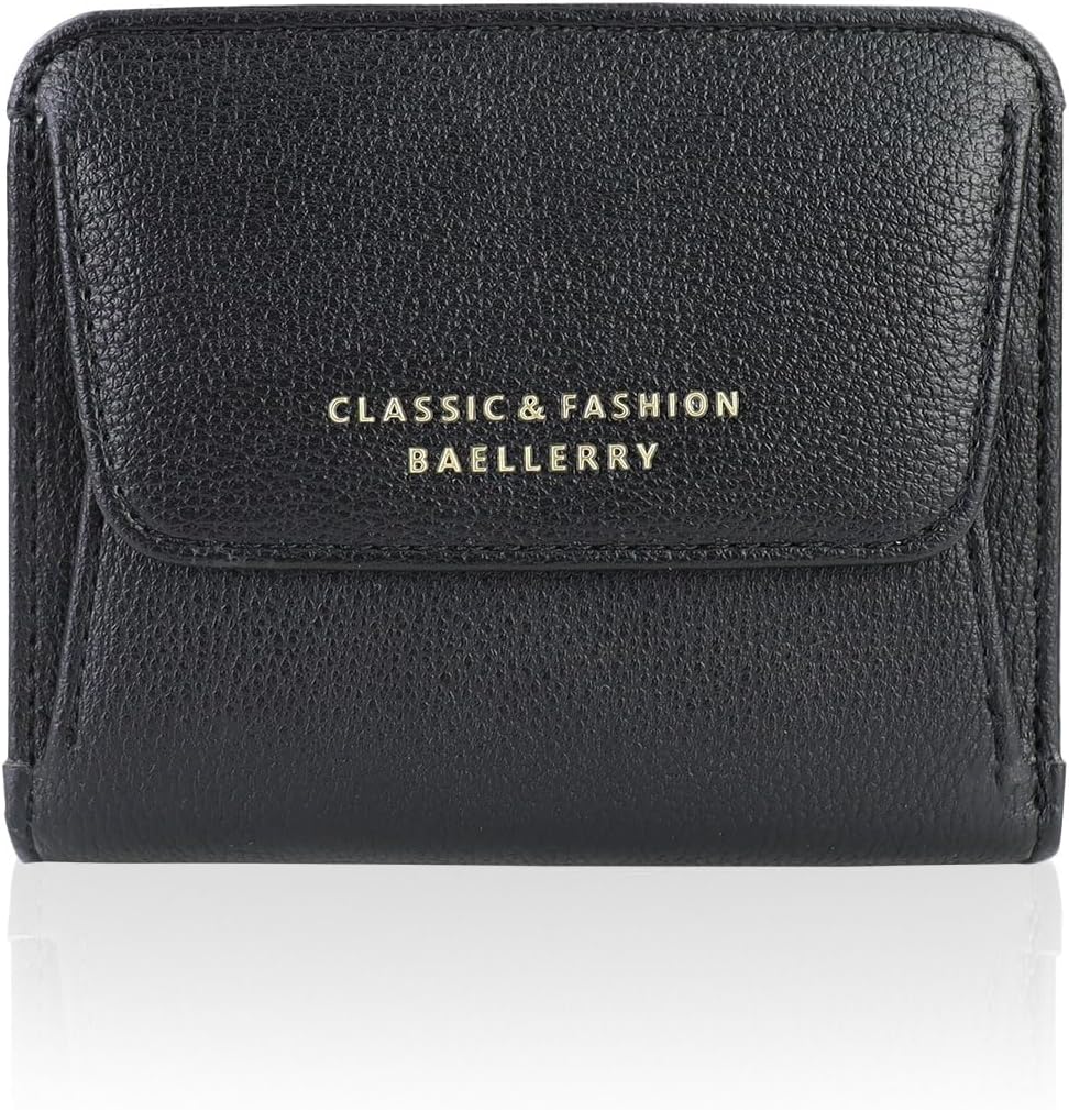 Small Wallet for Women, PU Leather Credit Card Holder Bifold Slim Ladies Wallet with ID Window Coin Pocket (Black)