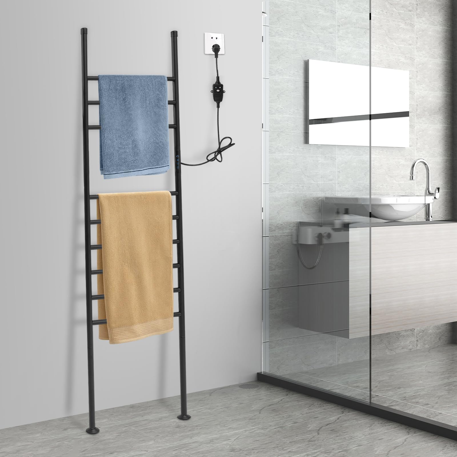 150W Elektrischer Handtuchwärmer aus Edelstahl mit Touch-Bedienung, Bodenstehender Handtuchhalter mit Temperaturregler (45~70℃), Elektrischer Handtuchständer mit Timer (1-24H) (Schwarz)
