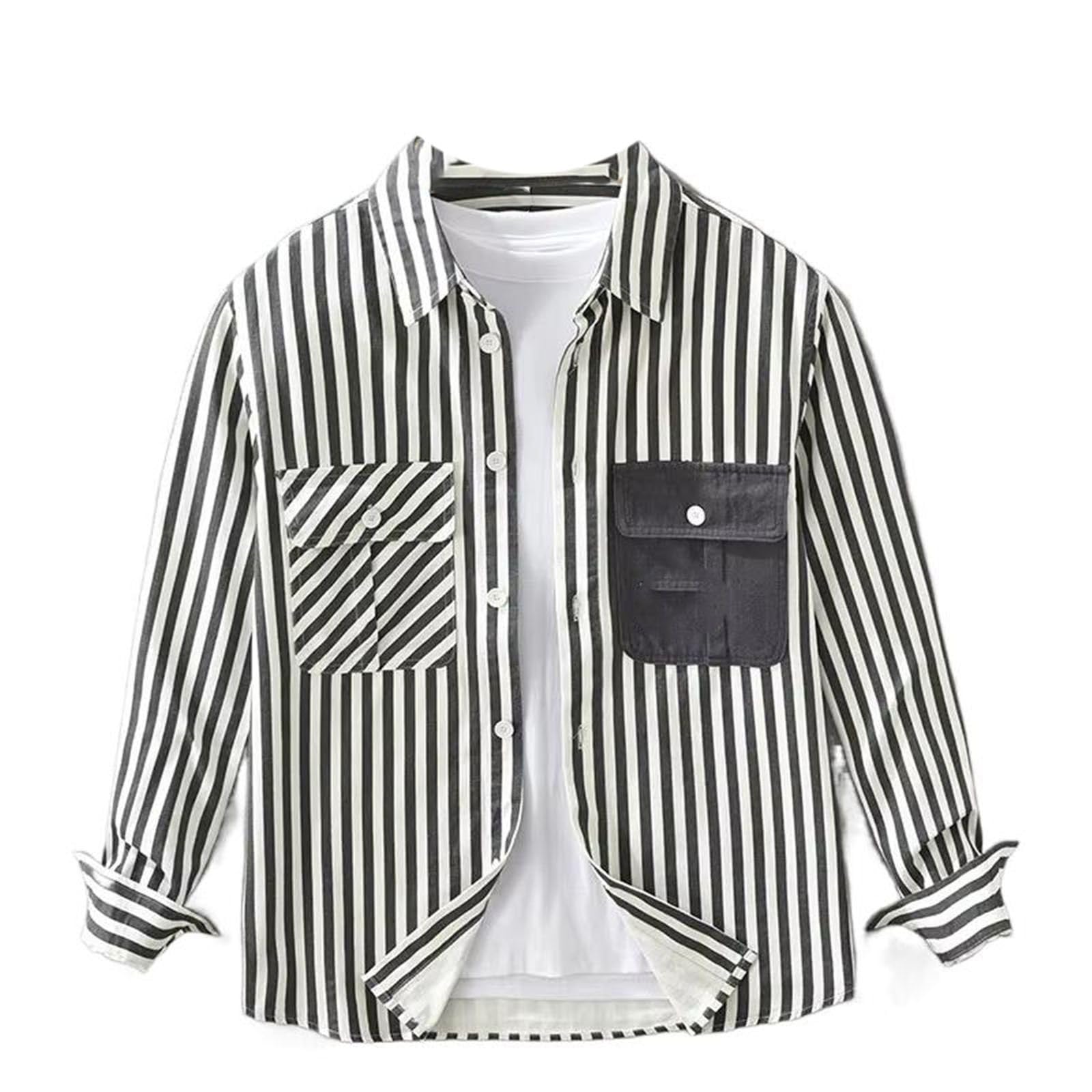 Camicetta da Uomo a Righe con Tasca a Maniche Lunghe, Top Leggero Casual Streetwear per Primavera e Autunno