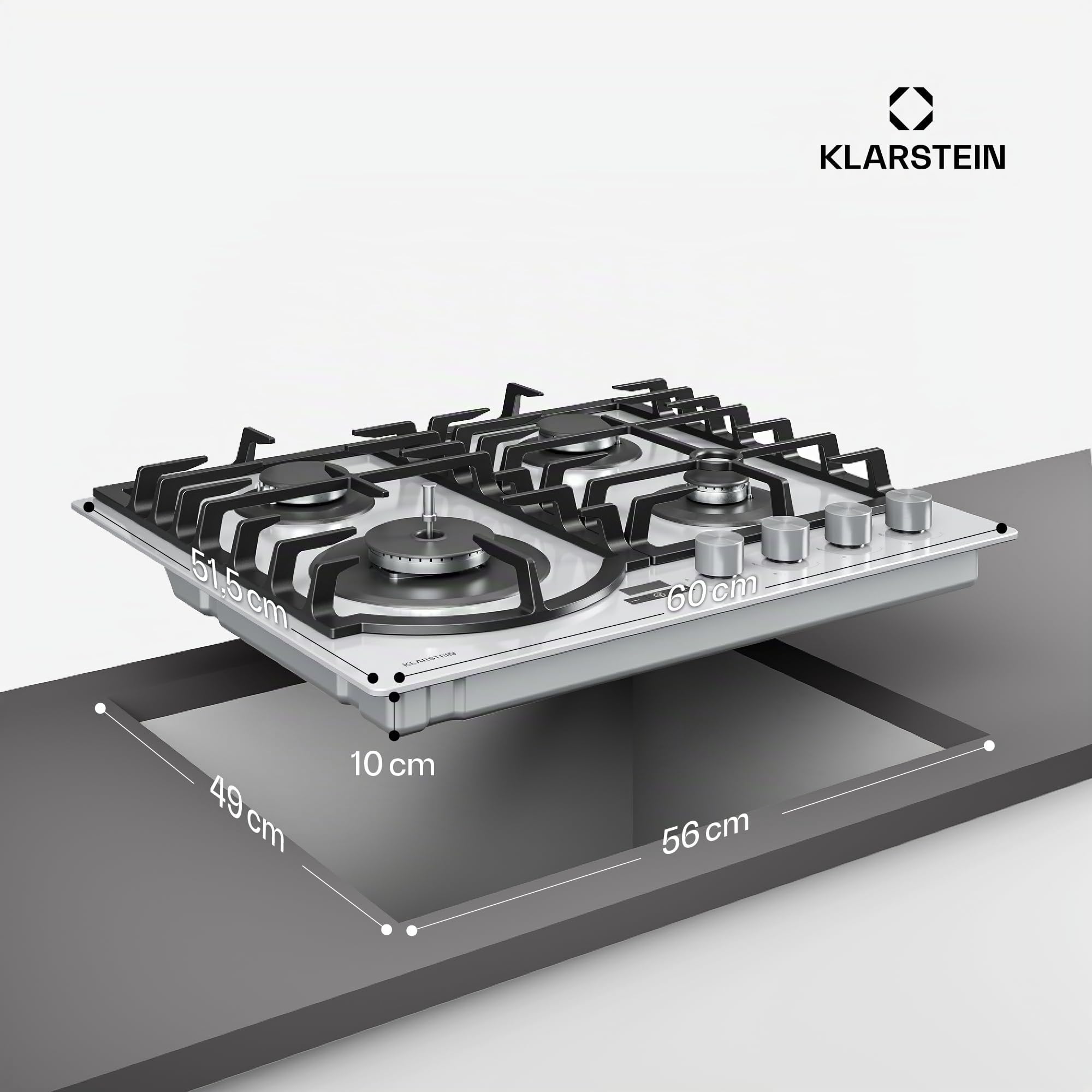 Klarstein Ignito Placa de Gas, 4 Quemadores Aluminio, 8000W, Temporizador, Control Preciso, Seguridad Antiflama, Encendido Eléctrico, 60x51cm, Encimera Gas, GLP/Natural, Blanco