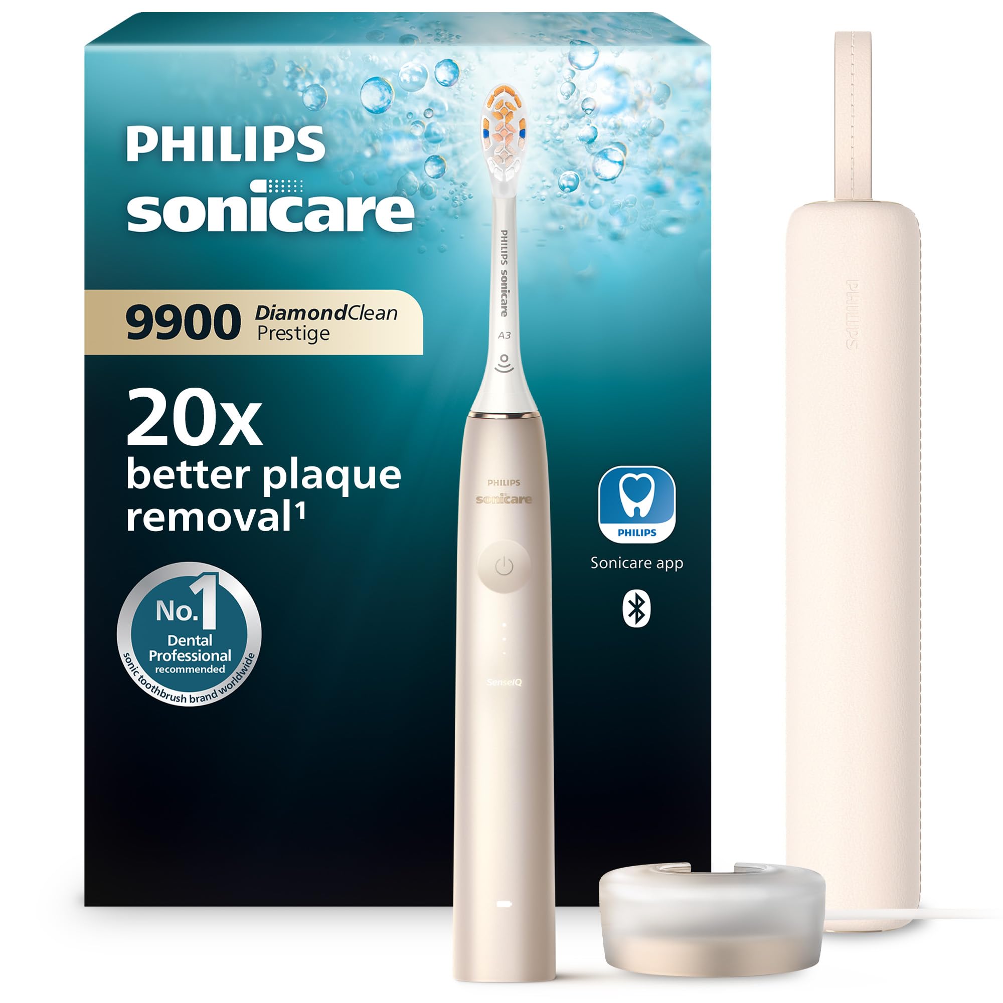 Philips Sonicare DiamondClean Prestige 9900 - Sonic Electric Toothbrush with 1x A3 Premium All-in-One Brush Head and Charging Case in Champagne (Model HX9992/11)
