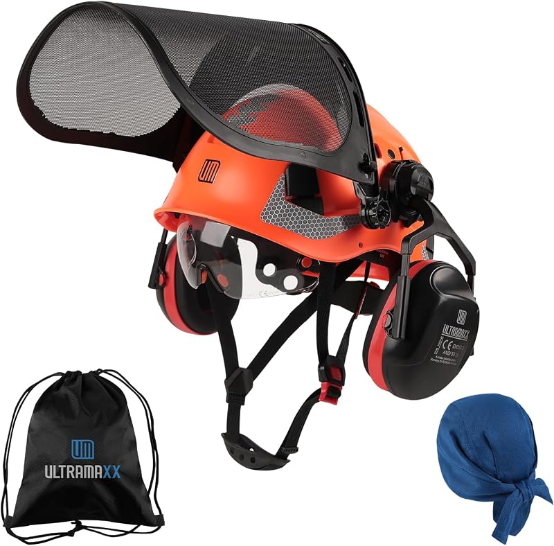 UM ULTRAMAXX Forestry Safety Helmet with Built-in Visor, Mesh Face Shield, and Bluetooth Ear Muffs, 5 in 1 Arborist Helmet for Chainsaw, Logging, and Garden Work, ANSI Z89.1 Certified