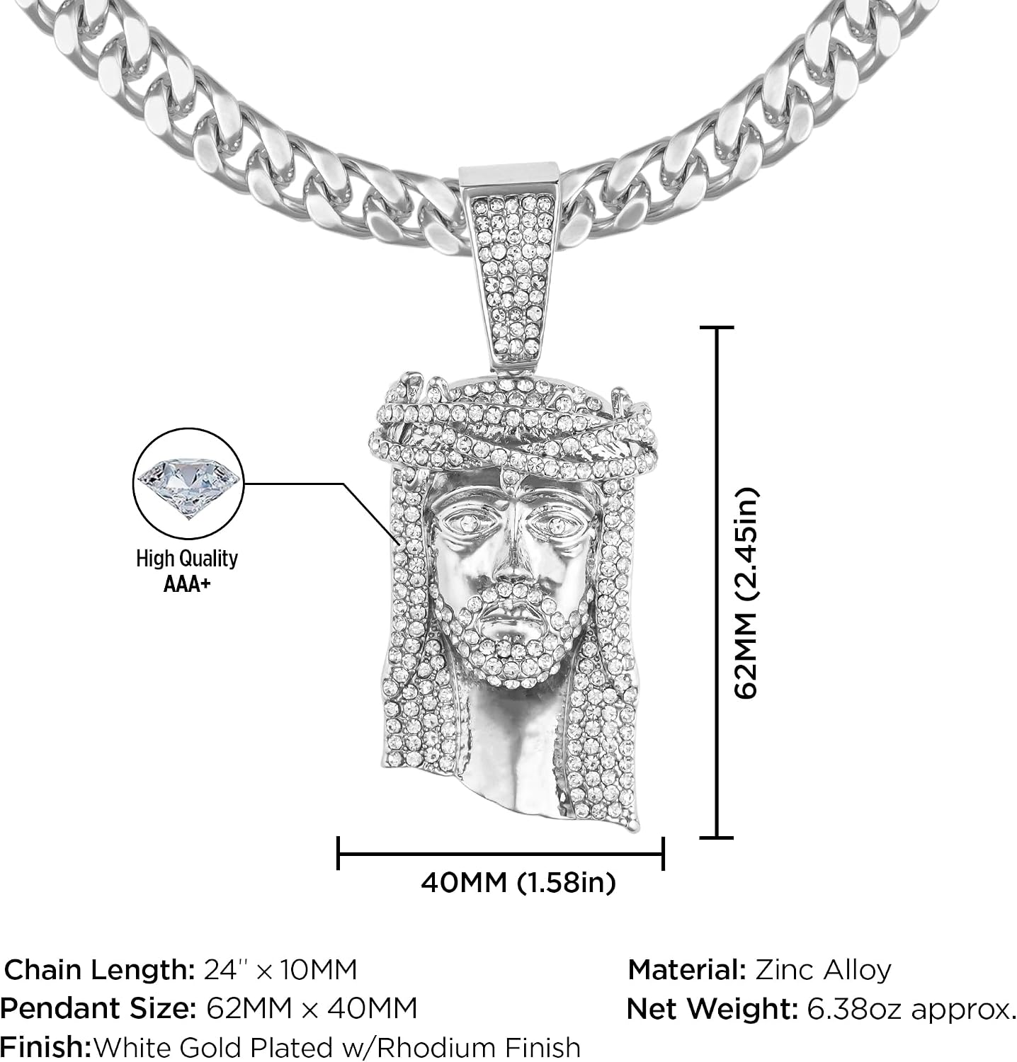 Large Crown Jesus Pendant Necklace for Men Gold Silver Plated 5A+ Cubic Zirconia Iced Bling Out Luxury Diamond 24 Inch Cuban Link Necklace Chain