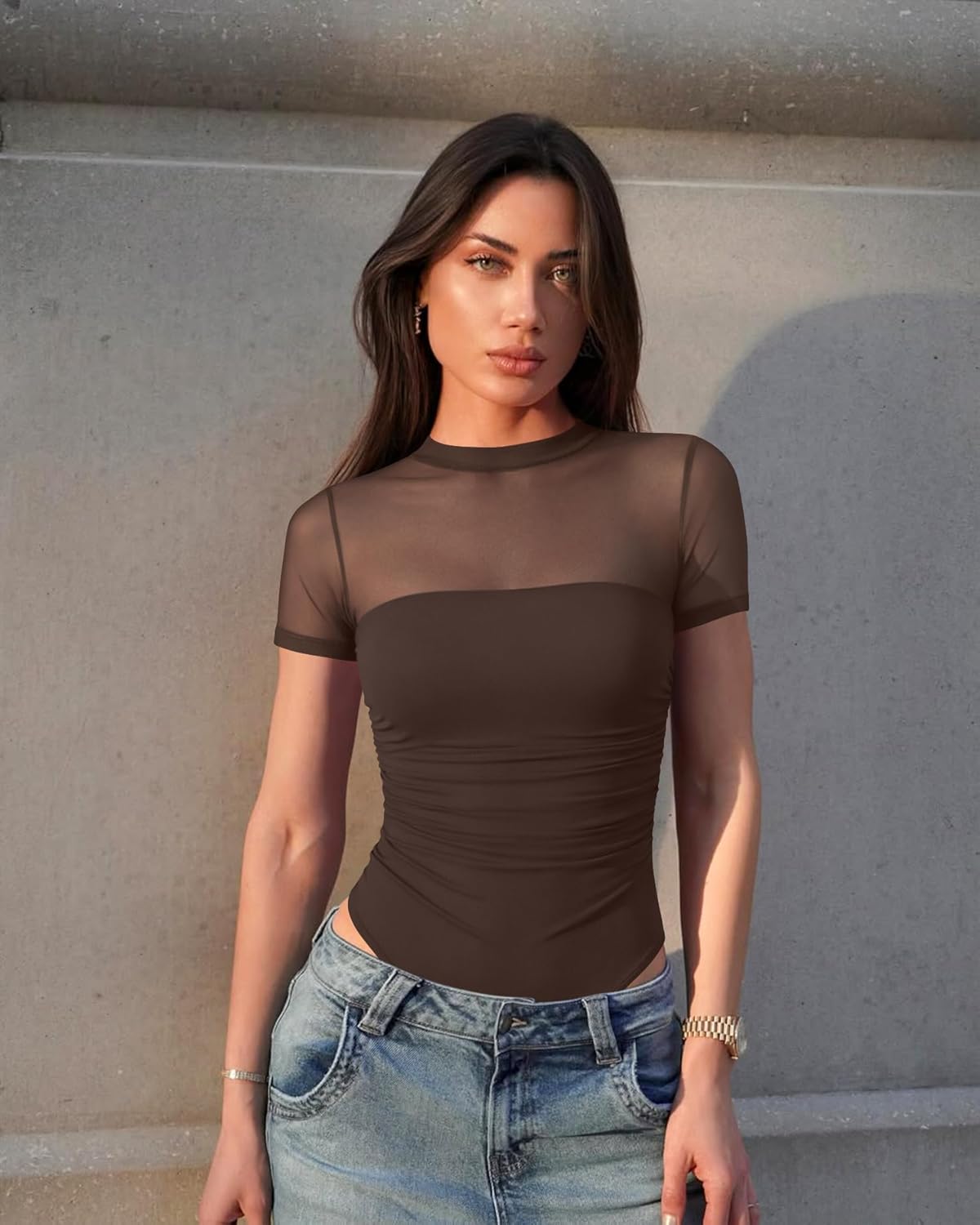 OQQ Women Short Sleeve Bodysuit Tummy Control Shapewear Mesh One Piece Leotard Shirts Going Out Tops - Image 2