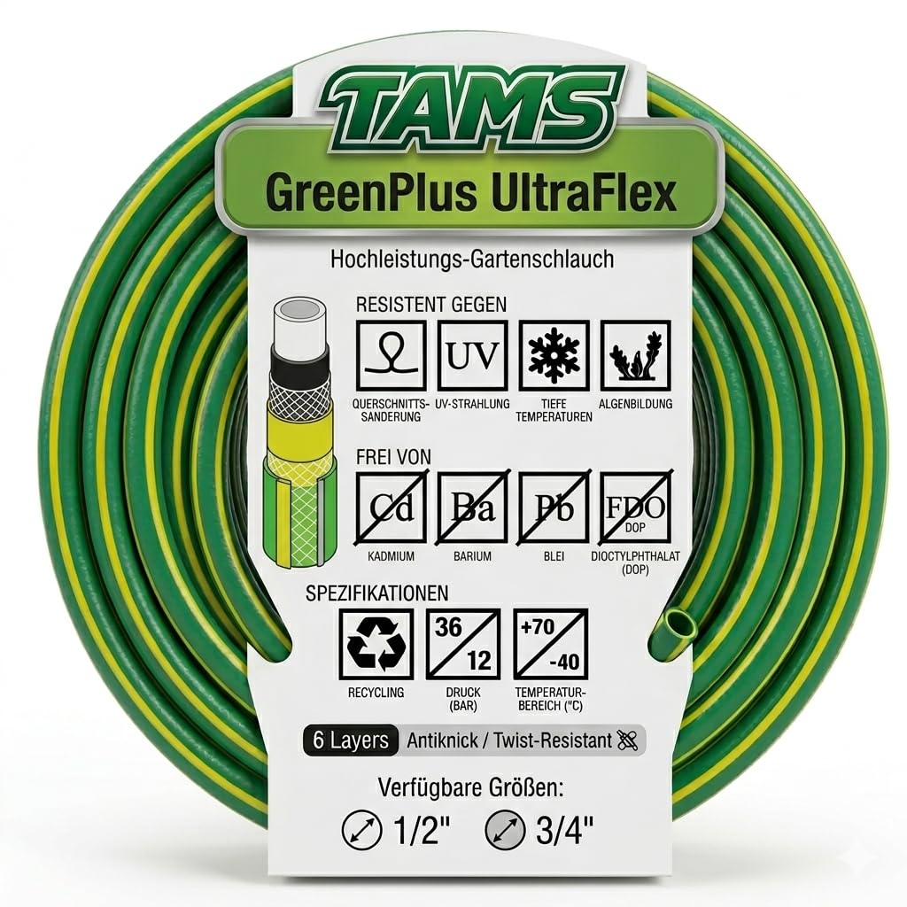 TAMS UltraFlex Gartenschlauch GreenPlus 6-lagig Anti-Twist Wasserschlauch Bewässerungsschlauch 1/2", 3/4" Flexibler (3/4" 30M)
