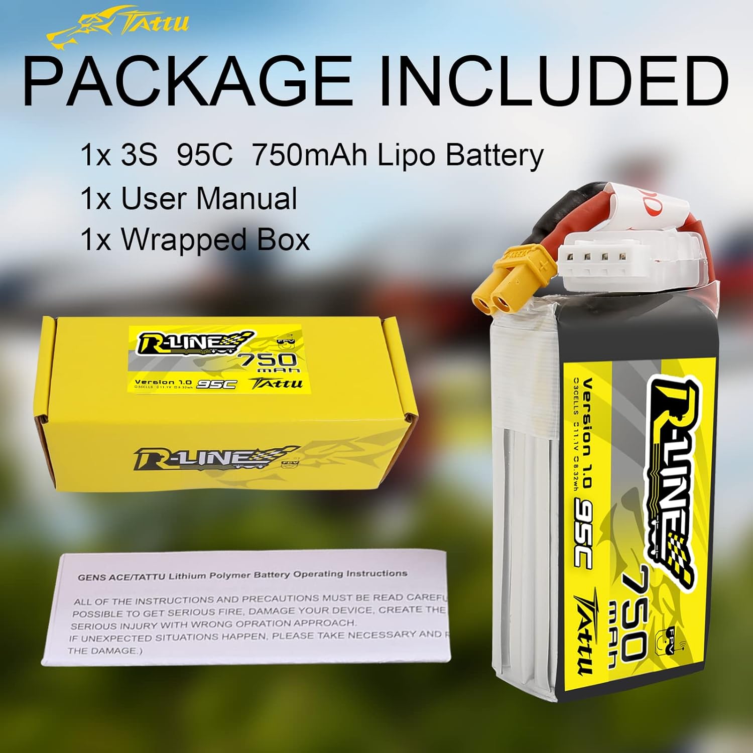 TATTU R-Line 3S Lipo Battery Pack 750mAh 11.1V 95C with XT30 Plug for FPV Racing Quadcopter from Size 100 to 180