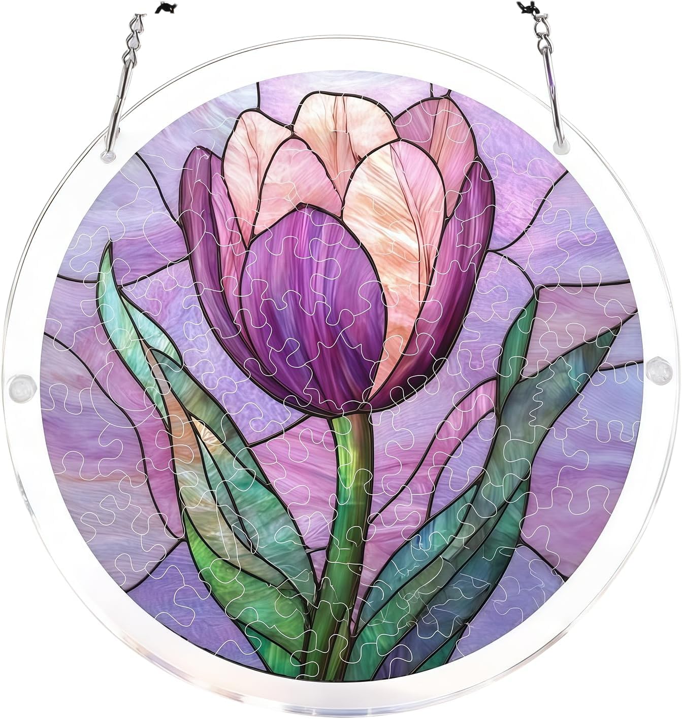 Purple Tulips Acrylic Jigsaw Puzzles Suncatcher, 8.2 Inch Window Hanging Suncatcher Acrylic Puzzle, DIY Home Decor Art Gift