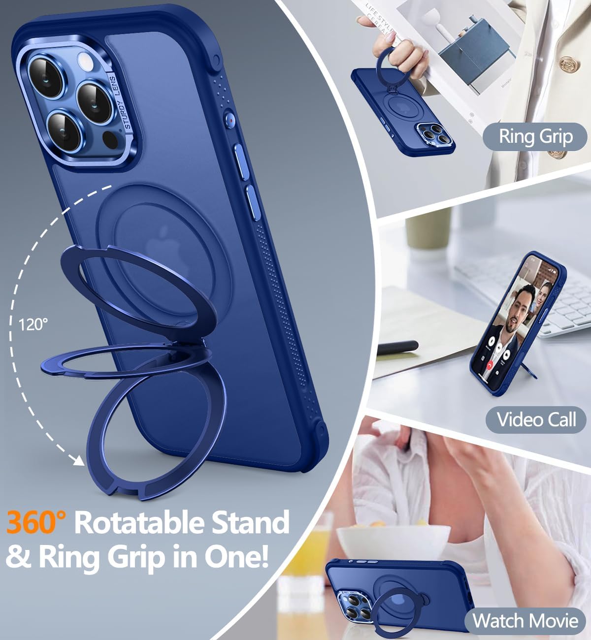 Reukdnv [Invisible 360° Spin Stand Magnetic Ring for iPhone 16 Pro Case [Compatible with MagSafe][Translucent Matte Back] Military Drop Protection Shockproof Cover with Kickstand 6.3", Deep Blue - Image 3