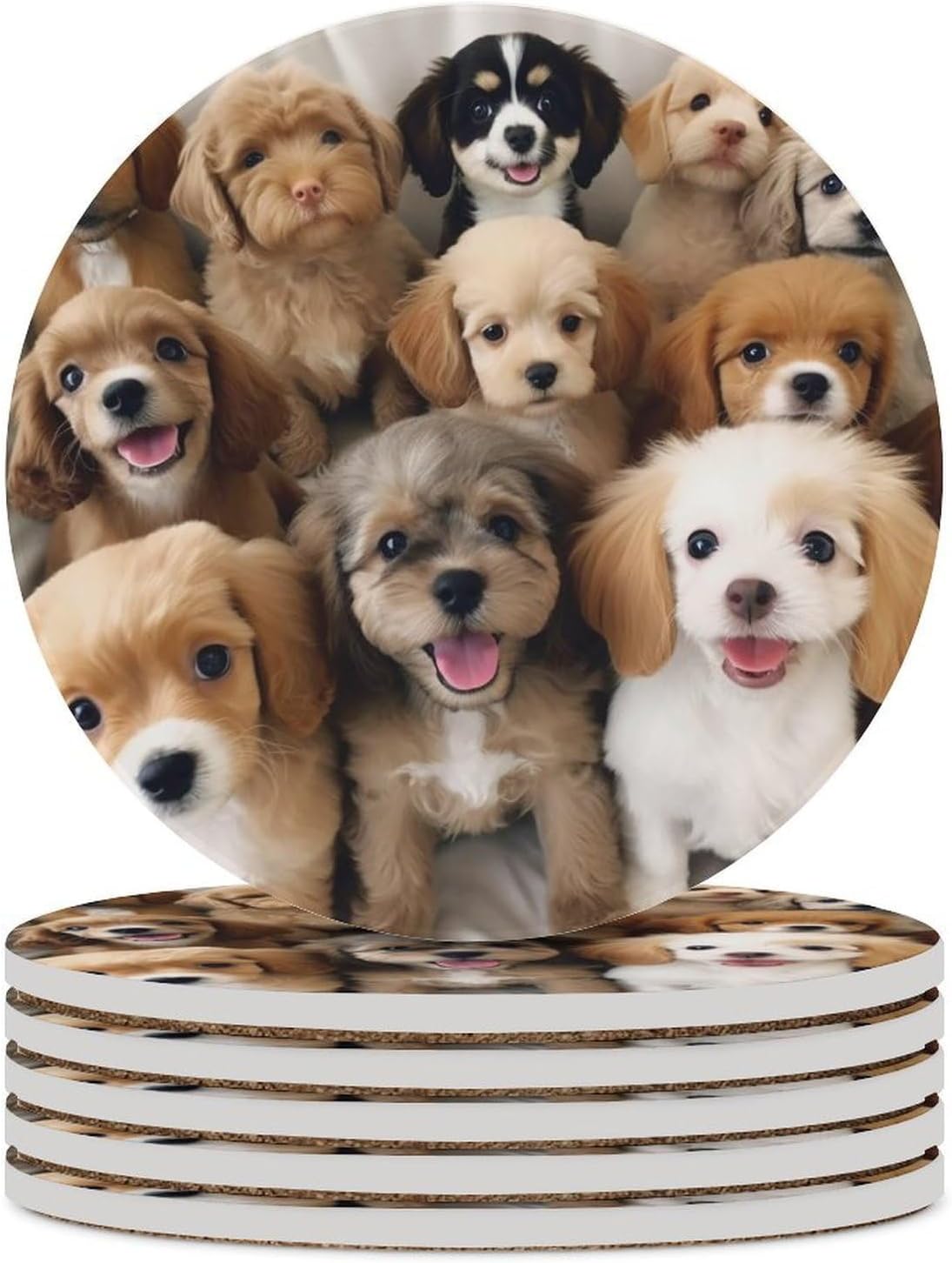 6PCS Cute Dogs Coasters Non-Slip Round Drink Coasters with Ceramic Stone and Cork Base, Heat Resistant Absorbent 33.00Stone Coaster Set for Kinds of Mugs and Cups, 4 Inch