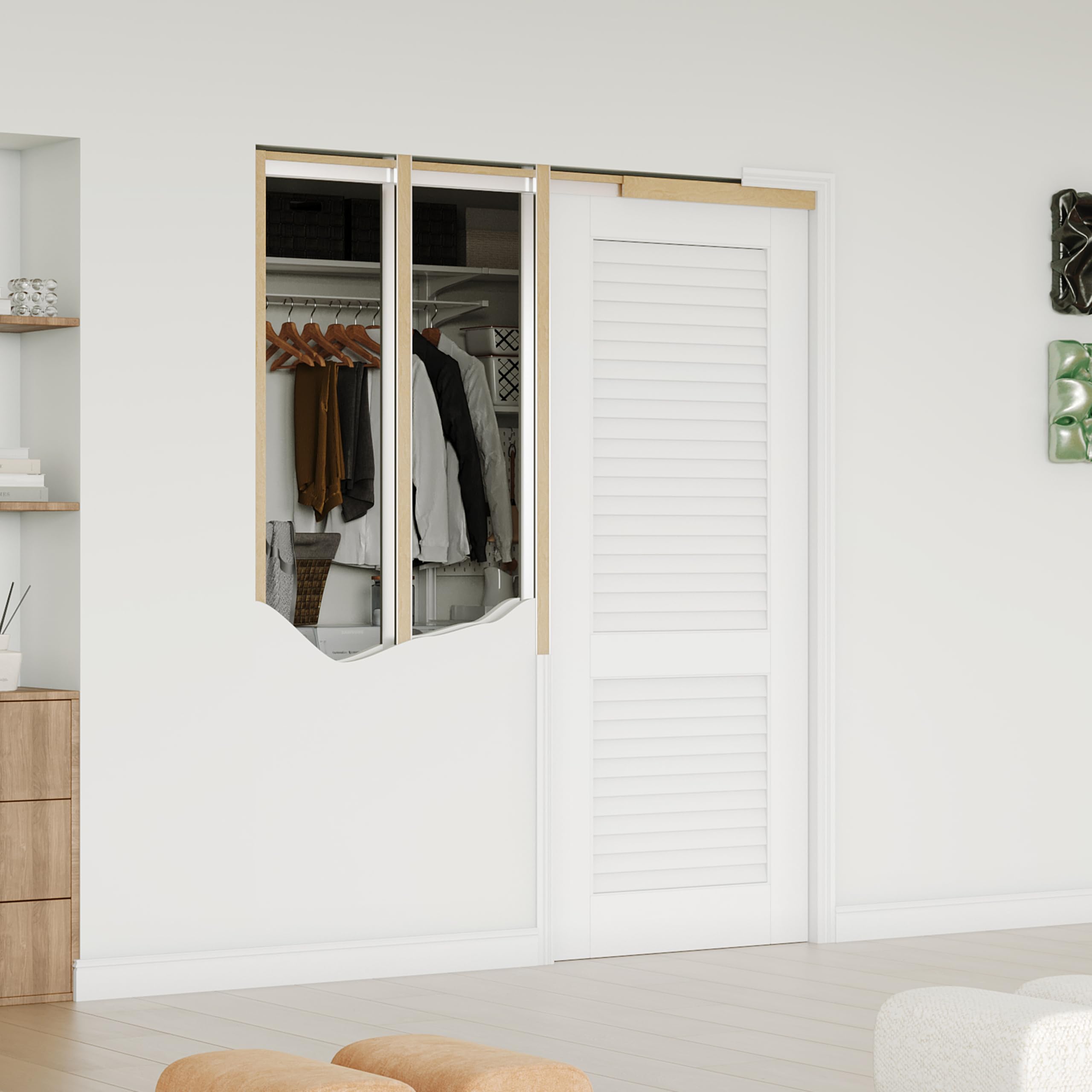 32" x 80" Sliding Pocket Door, Louvered Pantry Doors with Frame and Hardware Kit, Interior Door, White Primer Closet Doors - No Panel Assembly Required