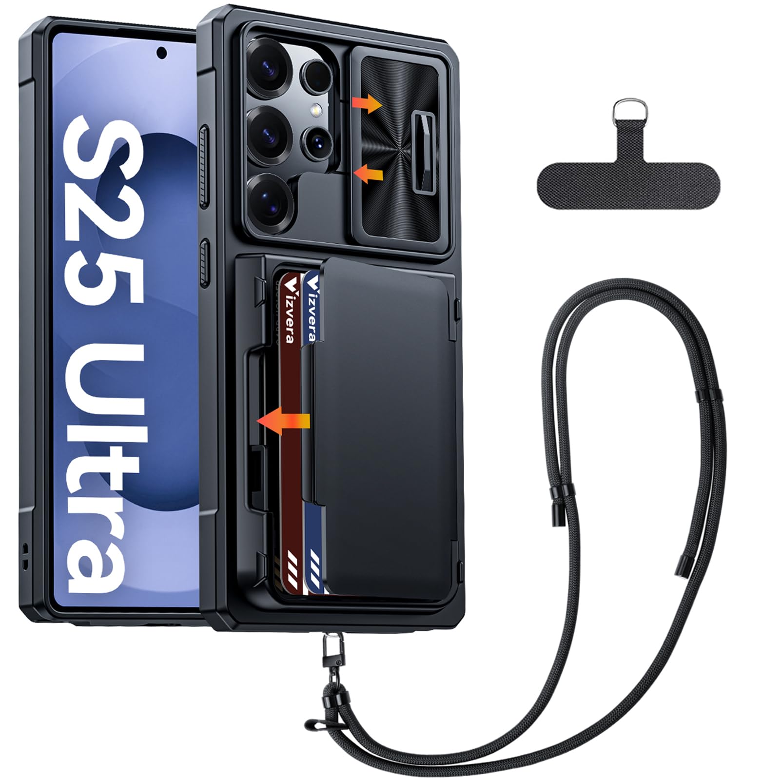 Vizvera for Samsung Galaxy S25 Ultra Case with Lanyard Strap & Card Holder[RFID Blocking][Sliding Camera Cover] Military Drop Protection, Phone Case