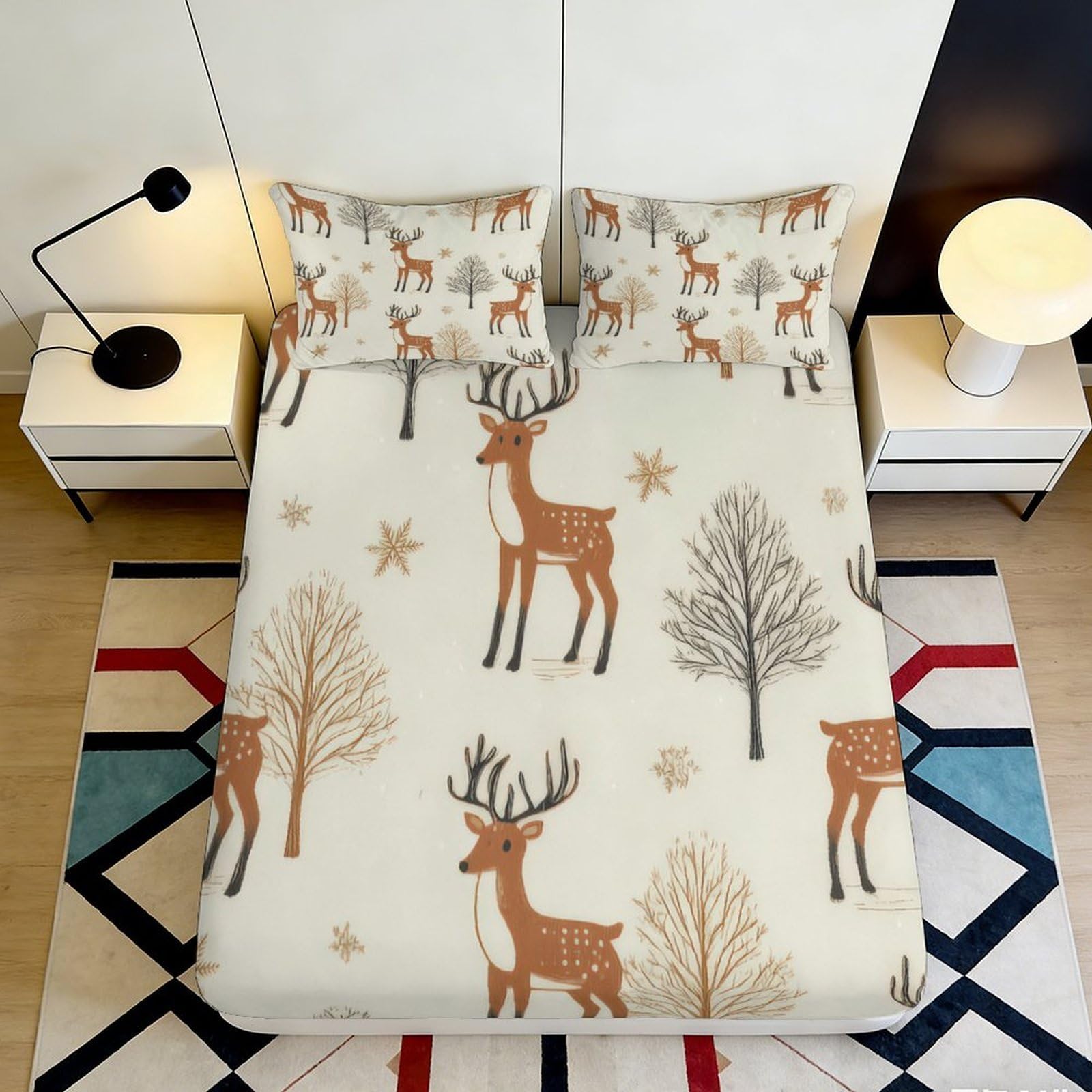 3D Printed Deer Pattern Fitted Sheet Microfiber Soft Breathable Winter Forest Bed Cover for Bedroom Dormitory Guest Room Mattress Protection 140x200x25cm