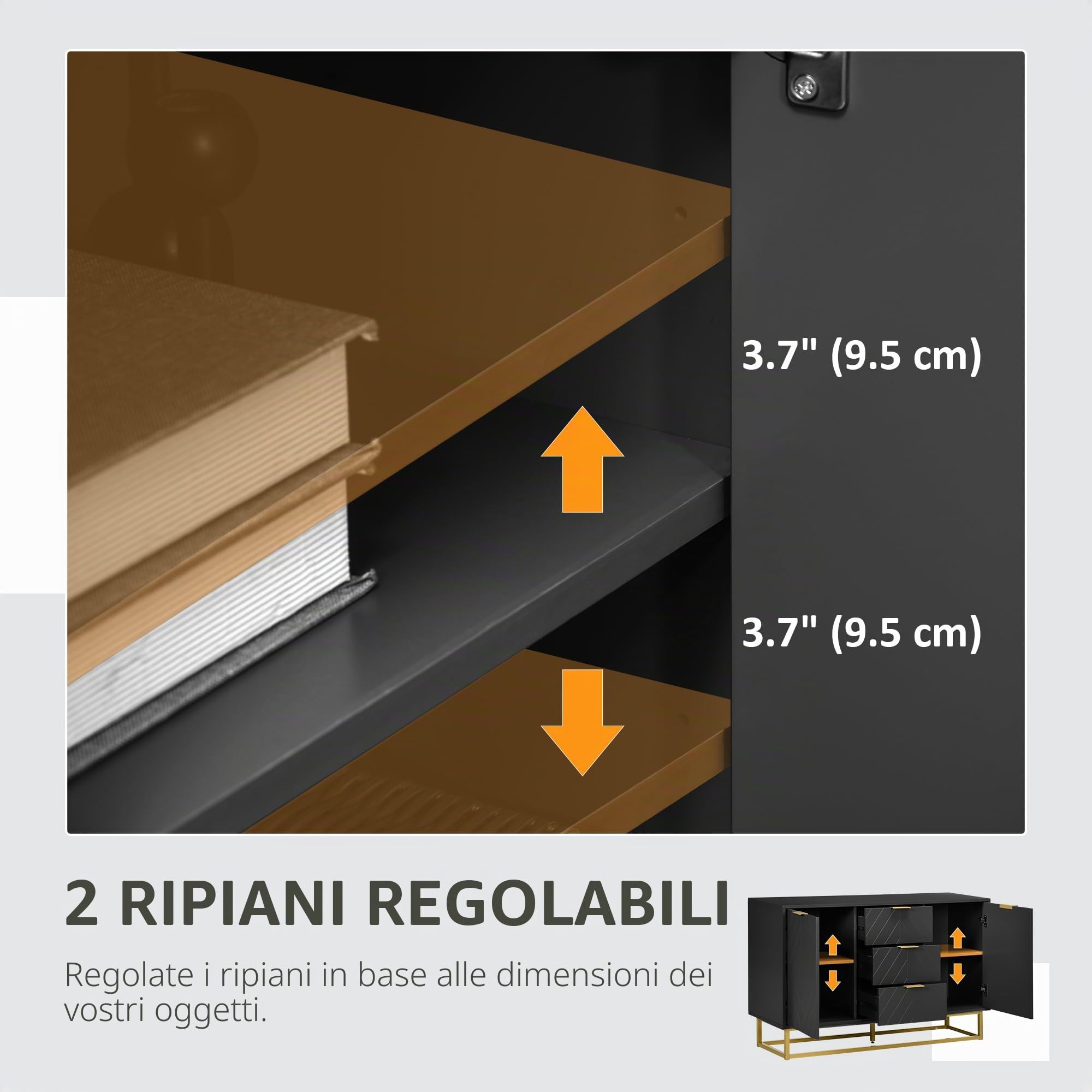 HOMCOM Credenza dal design grafico contemporaneo 2 armadi con ripiani regolabili 3 cassetti scorrevoli in legno nero e metallo dorato