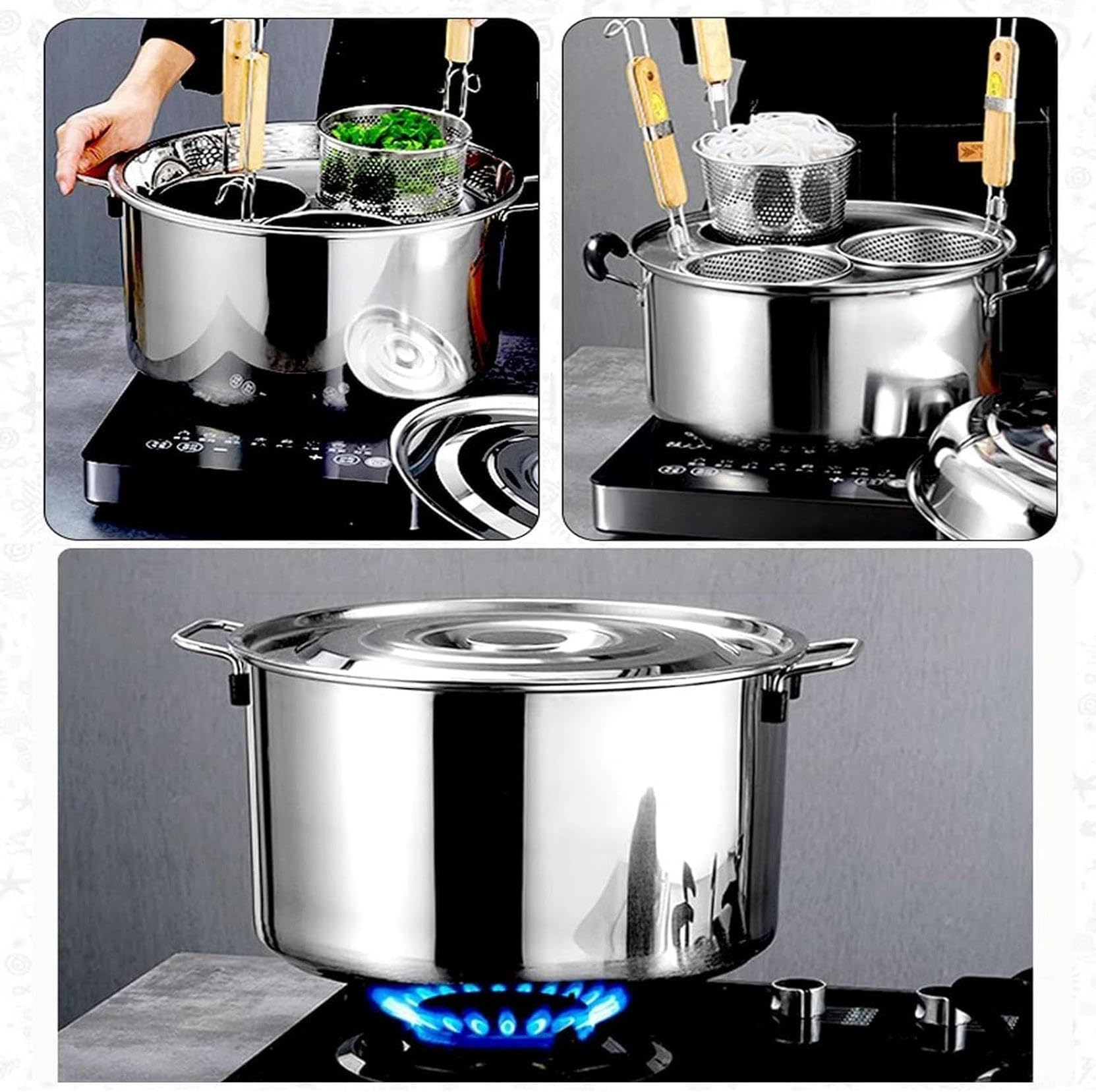 Ollas para pasta, olla para pasta con colador, olla de acero inoxidable para cocinar fideos y verduras, juego de ollas para sopa de 2, 3 o 4 agujeros con tapa, cocina de gas y de inducción (3 agujeros