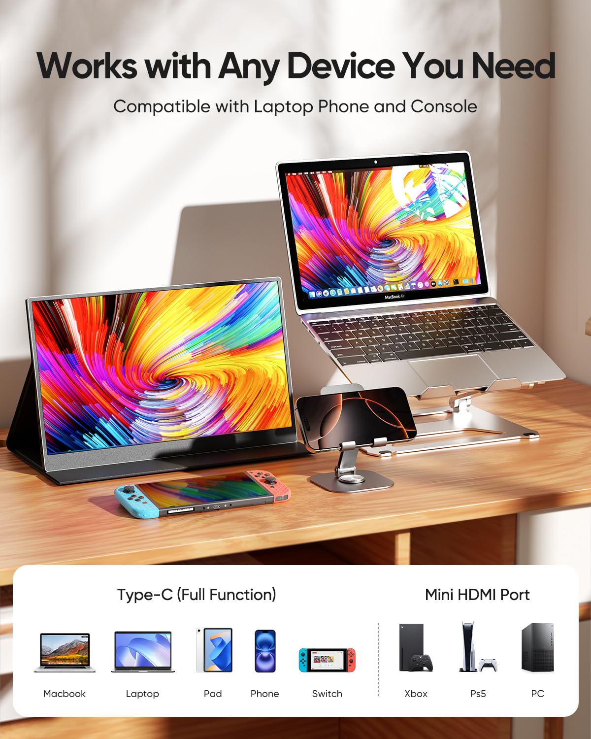 CJkao Przenośny monitor 39.6 cm FHD 1080P USB-C i HDMI, ultracienki wyświetlacz IPS z inteligentną osłoną, podwójne głośniki, HDR, pielęgnacja oczu, zewnętrzny monitor do laptopa, Mac
