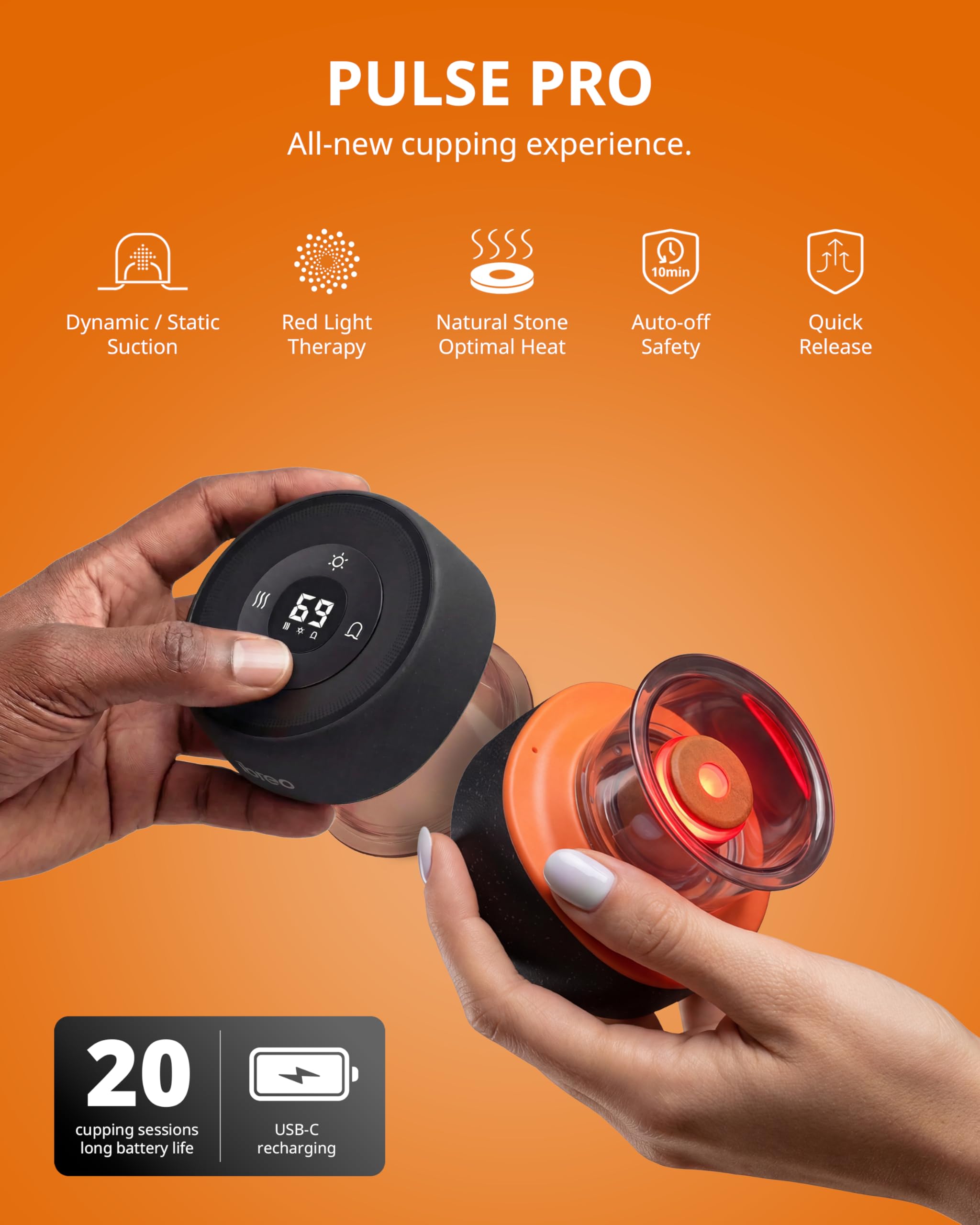 Pulse Pro Smart Schröpftherapie-Massagegerät mit Wärme, Rotlichttherapie, dynamische Saugkraft, Druckentlastung mit einem Knopf zur Schmerzlinderung, Muskelkater, Durchblutung und straffere Haut