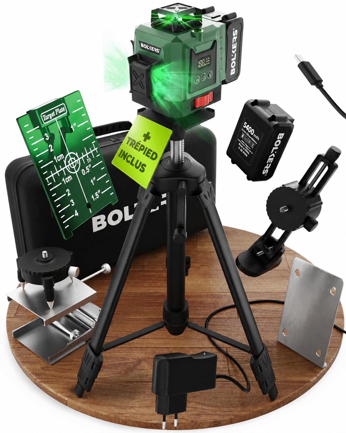 ProLaser 4x360° Niveau Laser Croix avec Trépied - Laser Vert Autonivelant, Niveau Laser Chantier, 16 Lignes, 2 Batteries, Mallette & Accessoires pour Carrelage, Mur & Installation